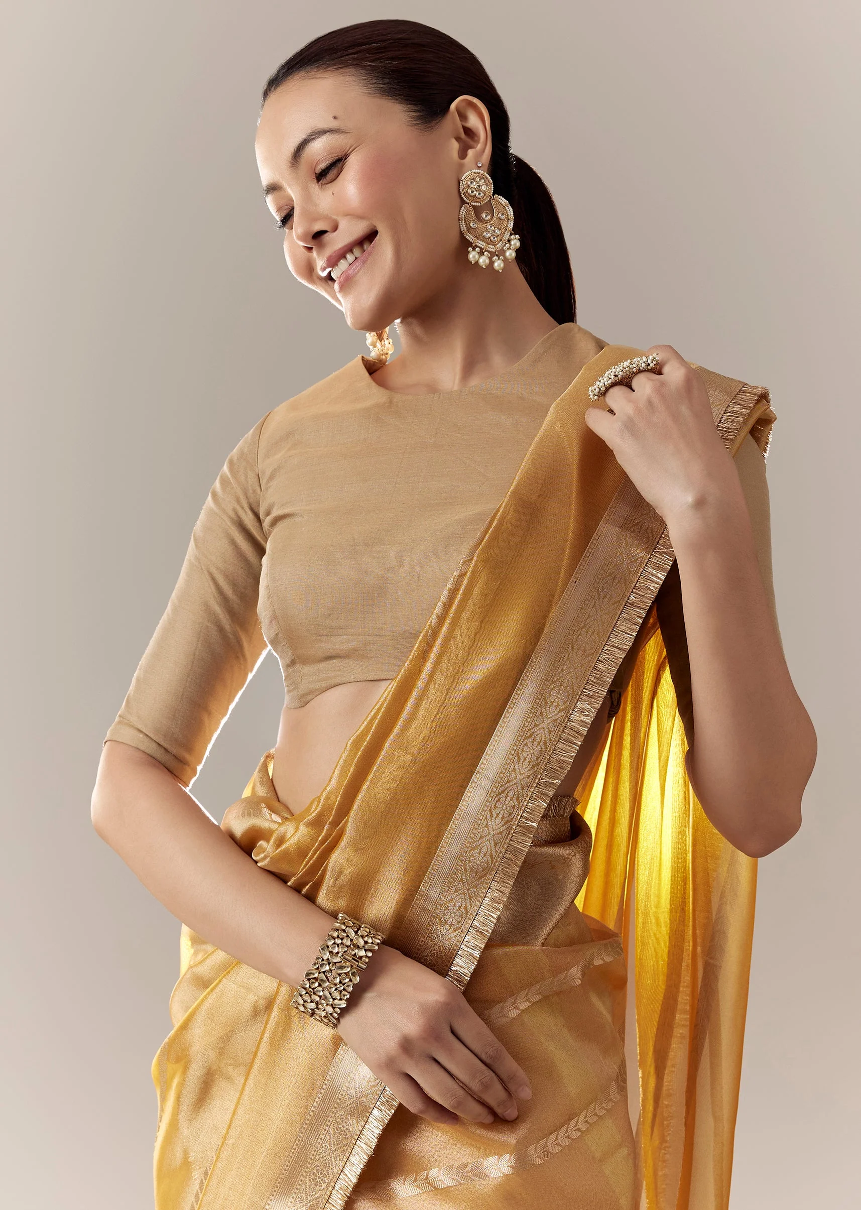 Gold High Neck Tie Back Blouse