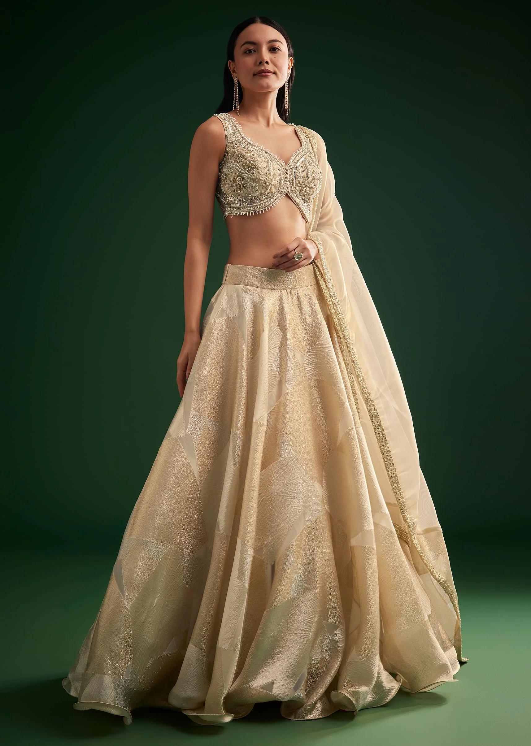 Gold Ivory Sequin Stone Work Choli Lehenga - Image 4