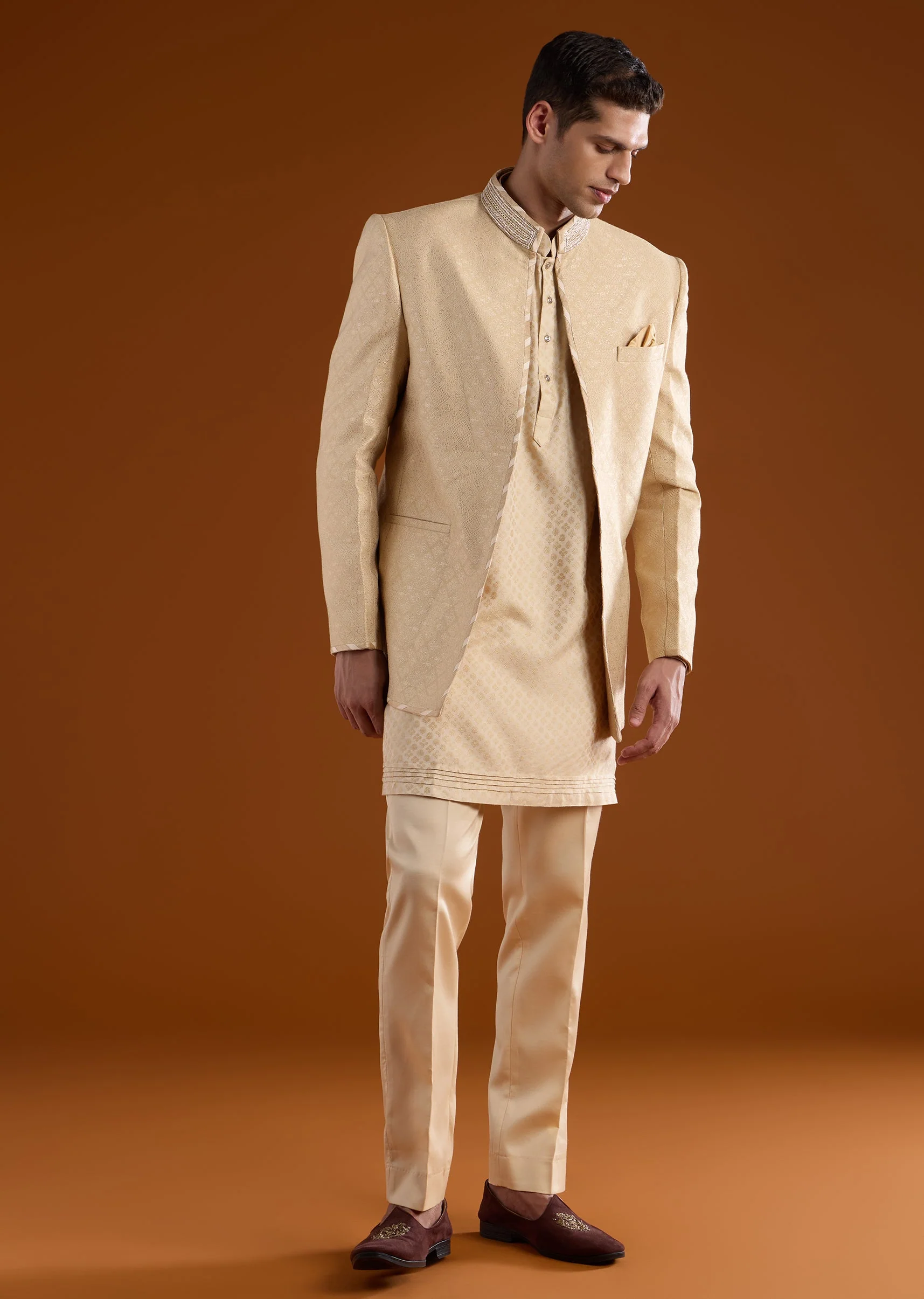 Gold Jacquard Mens Kurta Jacket Set With Thread Moti And Cut Dana Work - Image 4