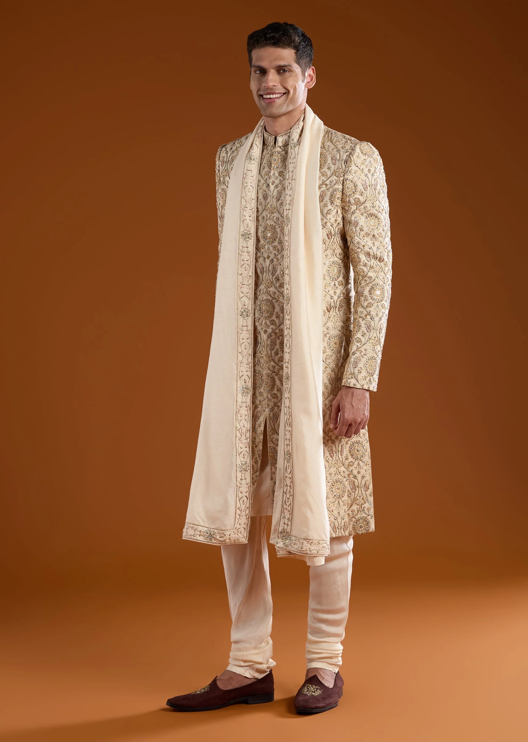 Gold Jacquard Sherwani Kurta Set - Image 3
