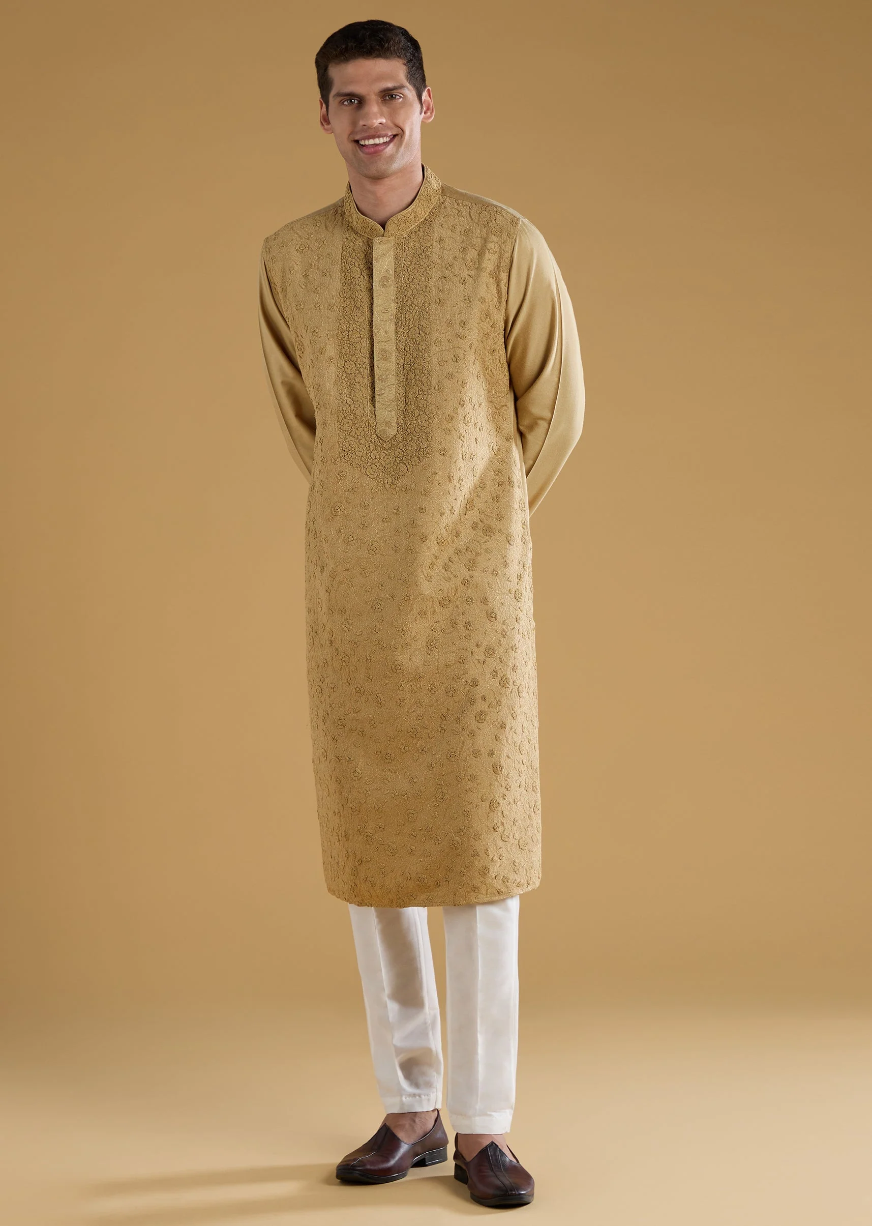 Gold Kashmiri Work Banarasi Silk Mens Kurta Set - Image 2
