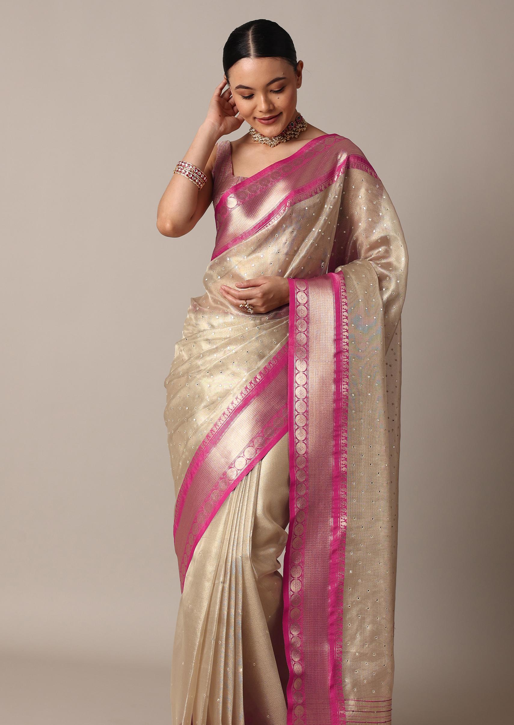 Gold Kota Silk Chanderi Saree With Mirror Detail And Unstitched Blouse Piece - Image 2