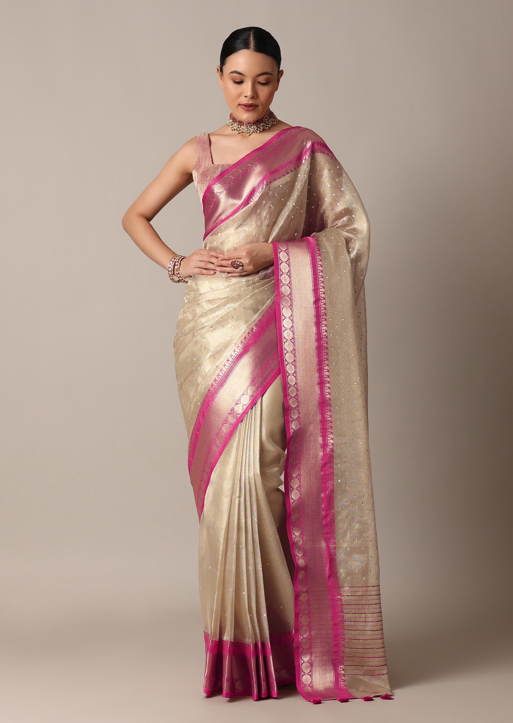 Gold Kota Silk Chanderi Saree With Mirror Detail And Unstitched Blouse Piece - Image 3