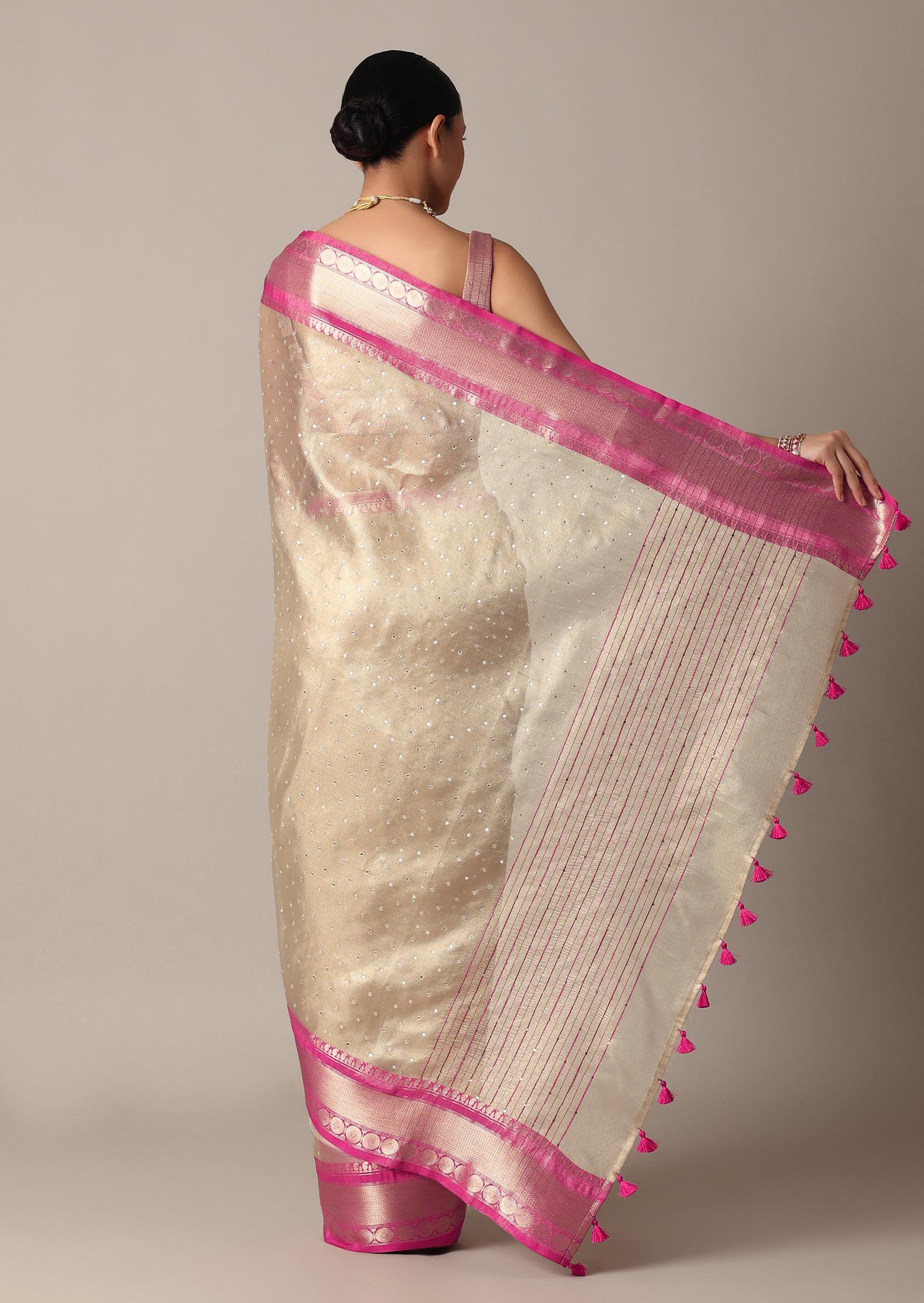 Gold Kota Silk Chanderi Saree With Mirror Detail And Unstitched Blouse Piece - Image 4