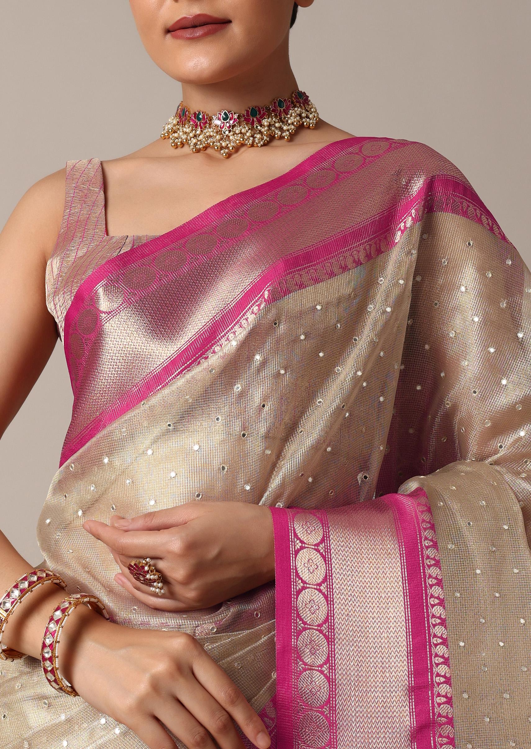 Gold Kota Silk Chanderi Saree With Mirror Detail And Unstitched Blouse Piece - Image 5