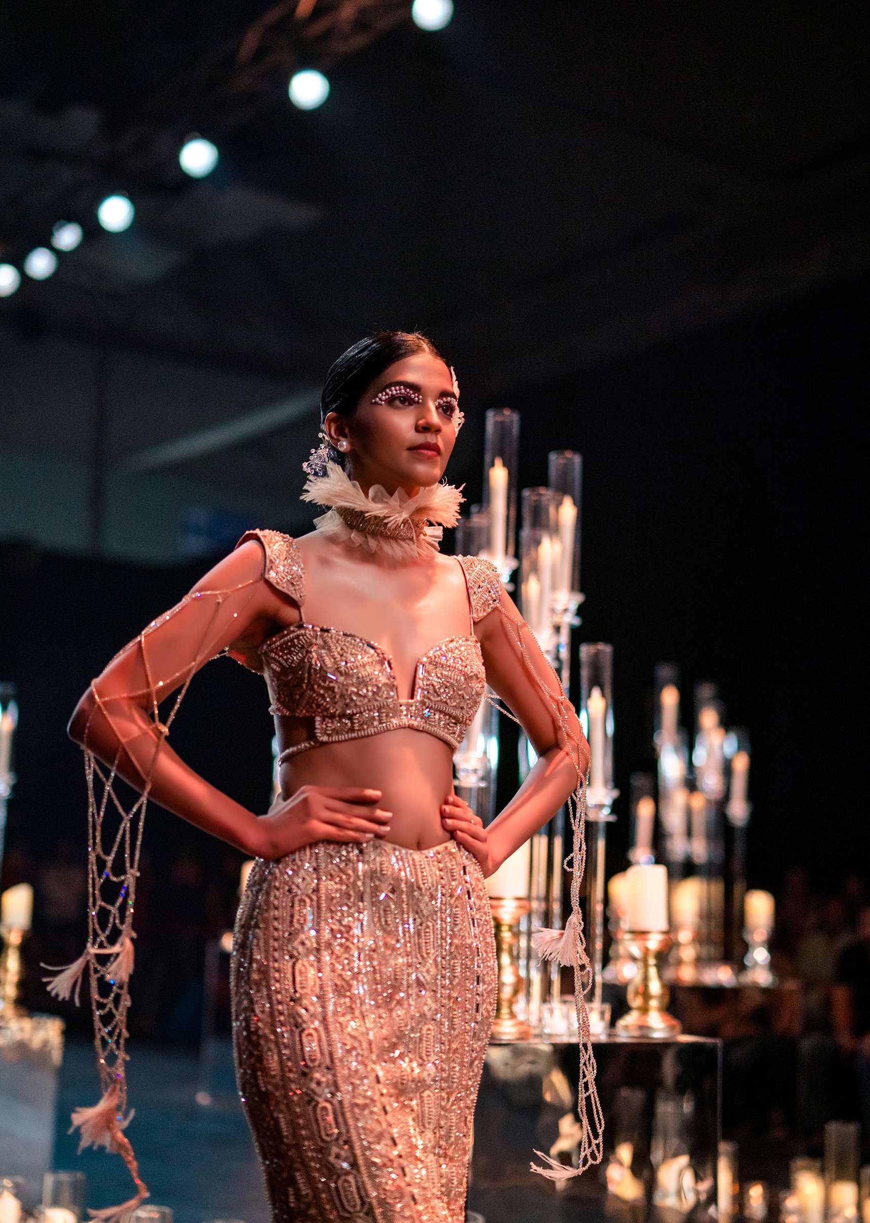 Gold Lehenga In Art Silk With 3D Feathers And Floral Motifs - Image 5