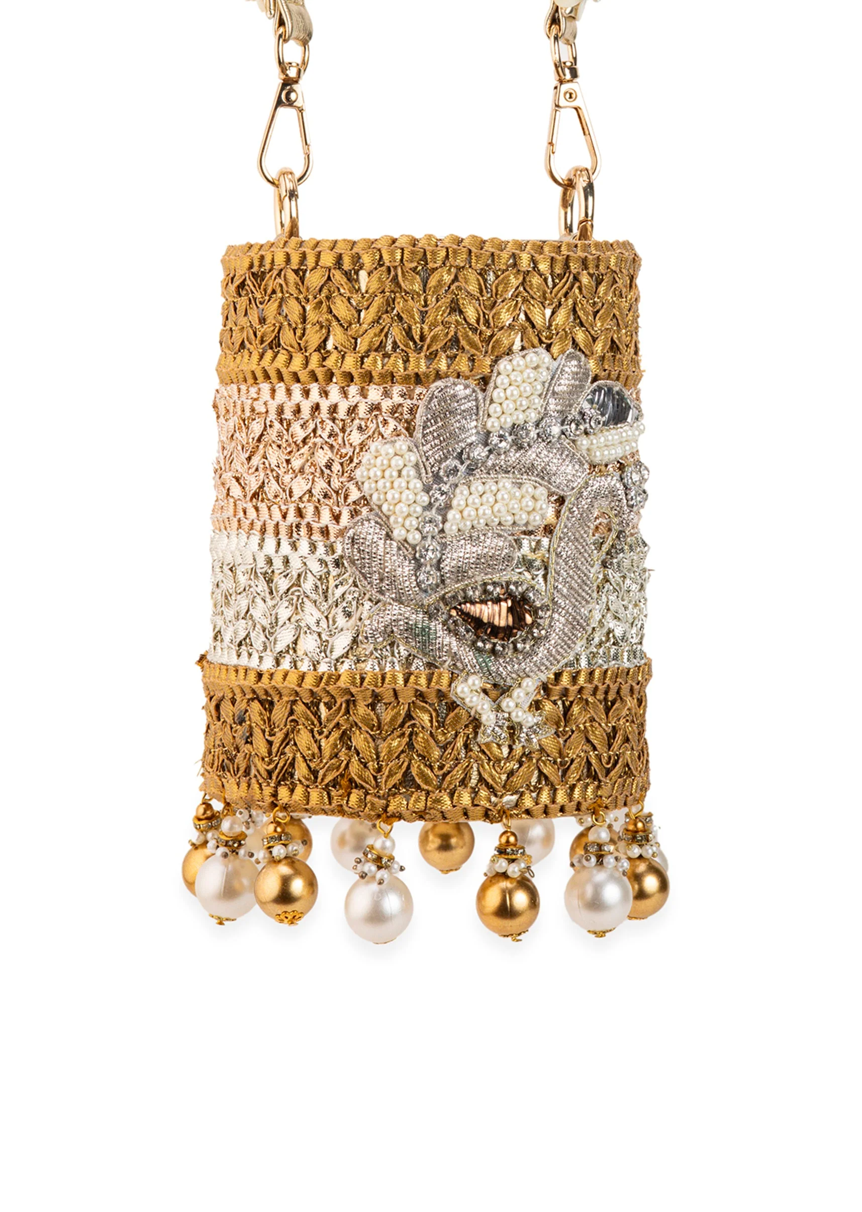 Gold Multi Bead Drop Hand Embroidered Potli Bucket Bag - Image 4