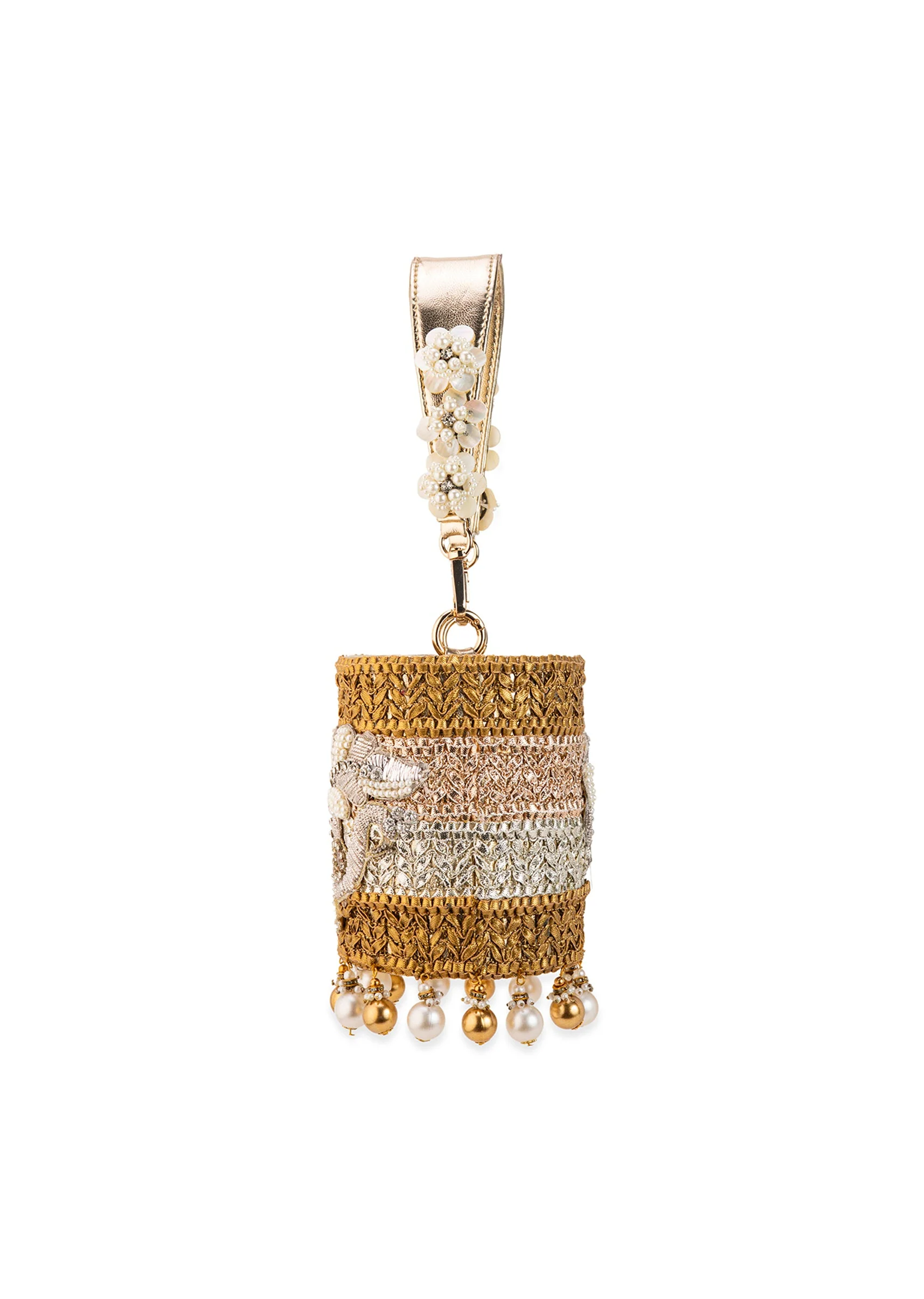 Gold Multi Bead Drop Hand Embroidered Potli Bucket Bag - Image 5