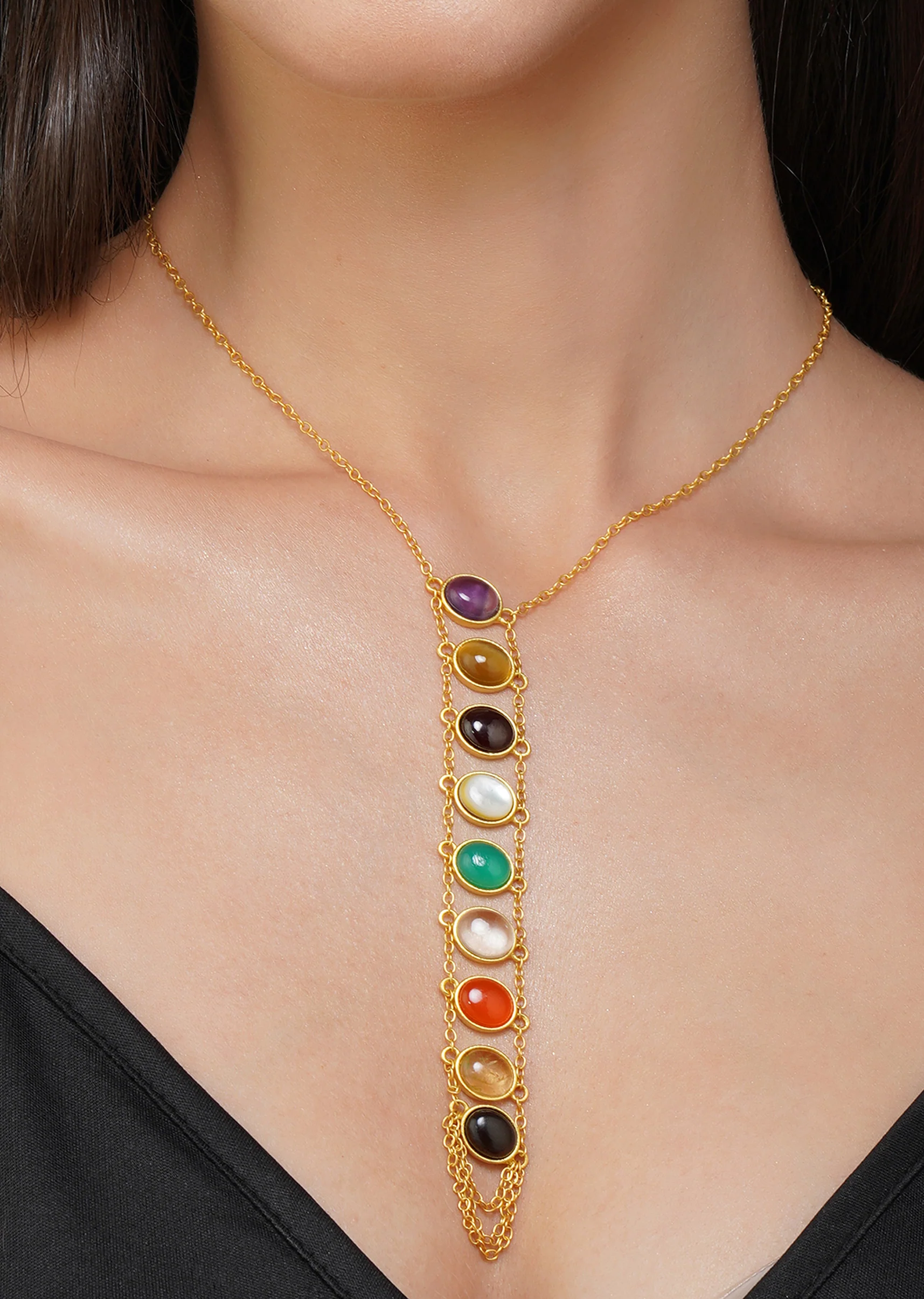 Gold Multi Navratan Lariat Necklace - Image 2