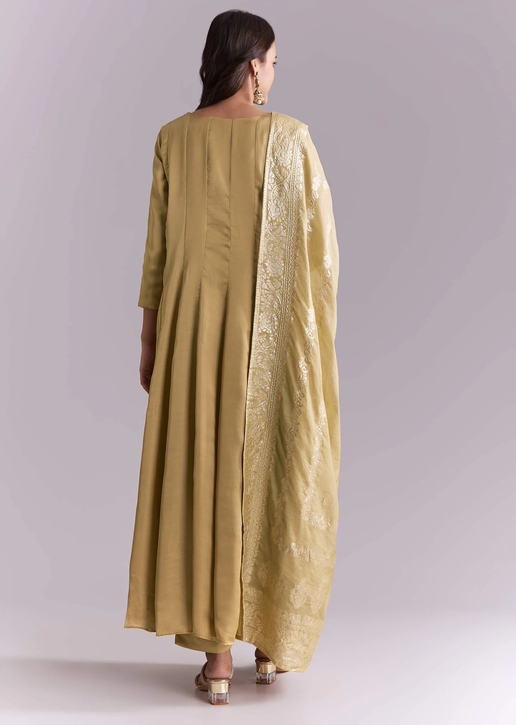 Gold Muslin Anarkali Suit With Mirror And Moti Embroidery - Image 5