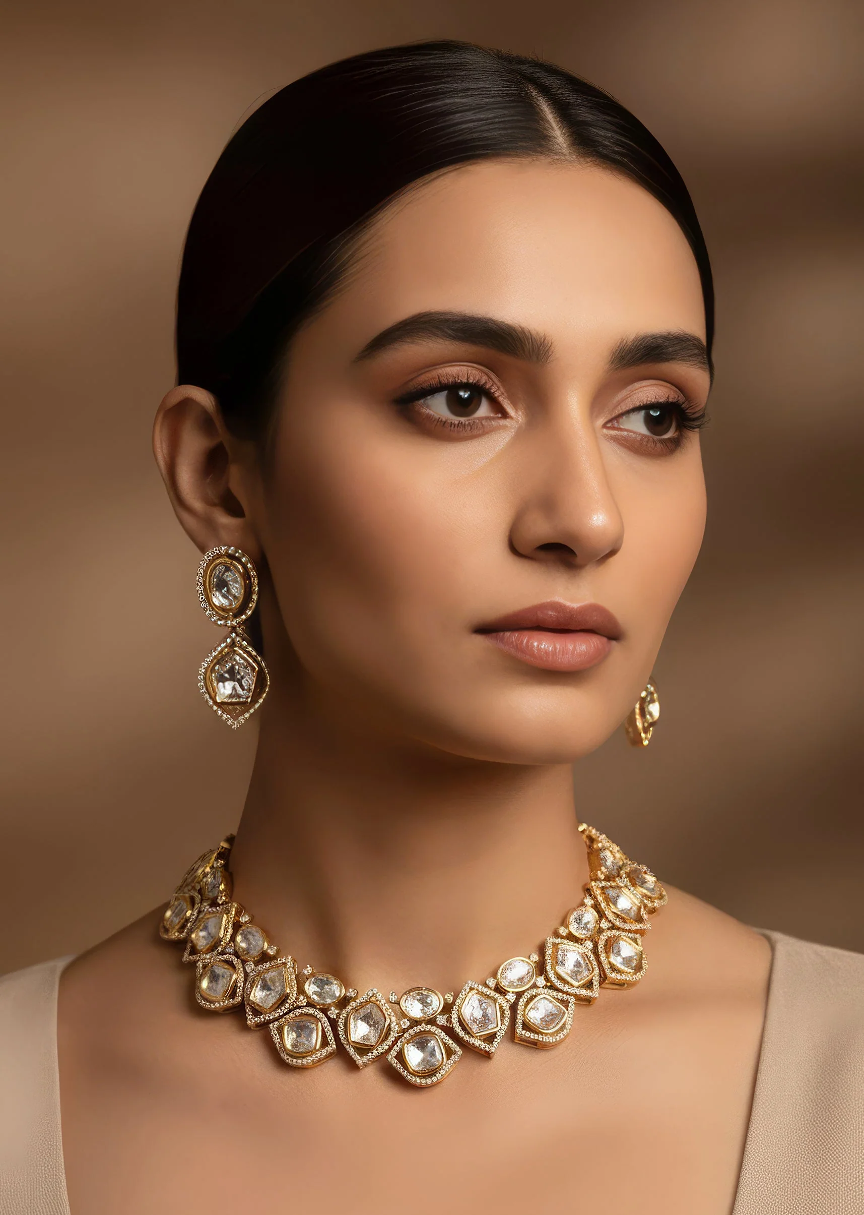 Gold Necklace Set with Polki Detailings