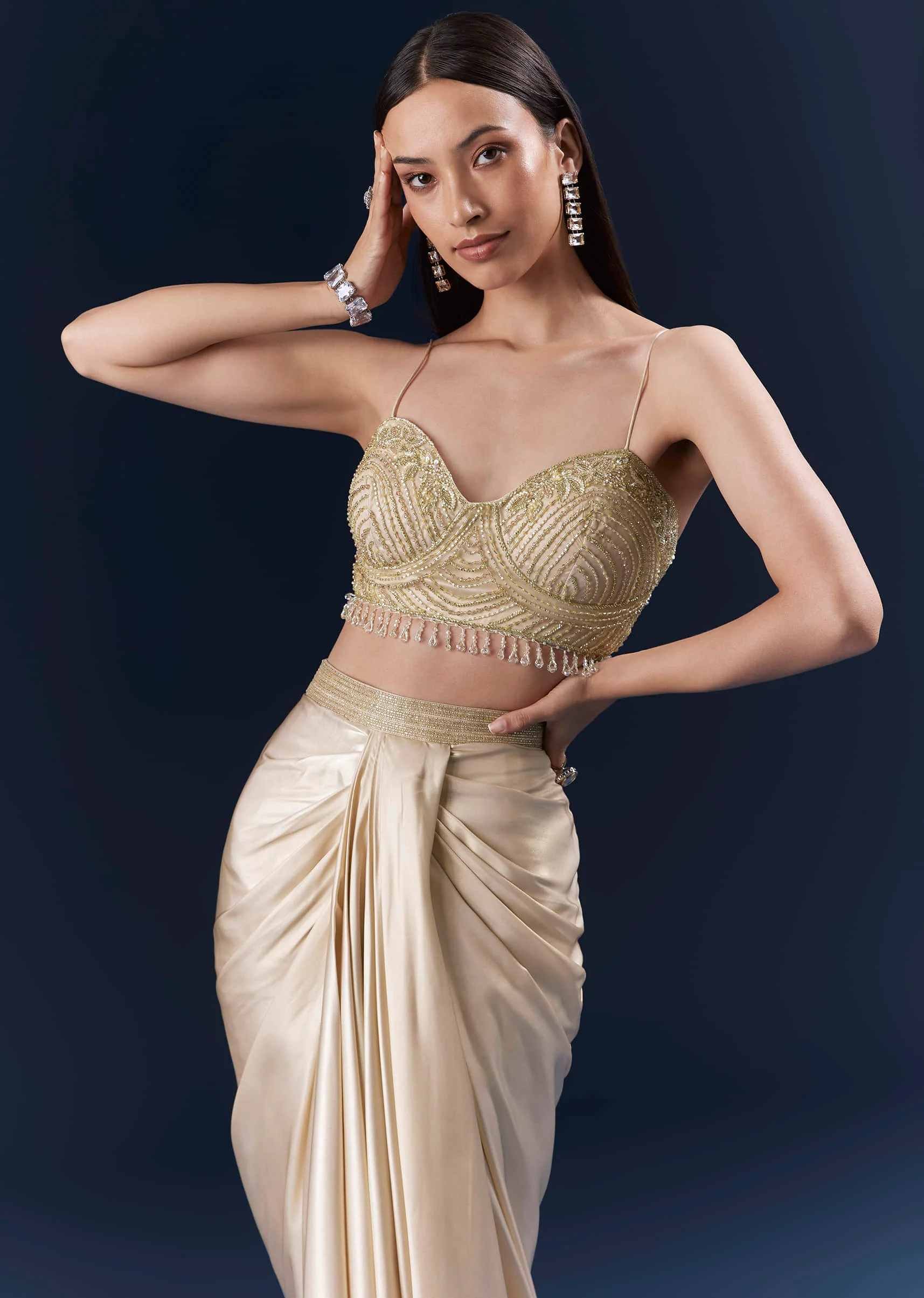 Gold Net Crop Top And Drape Skirt Set With Cutdana And Beads Work - Image 7