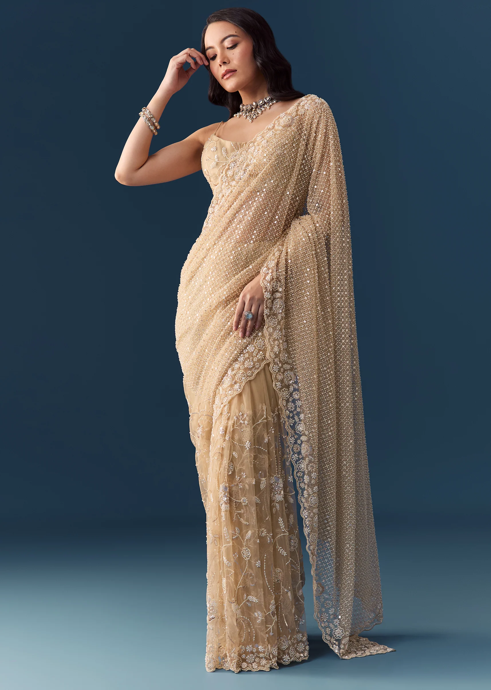 Gold Net Jaal Bead Work Saree with Unstitched Blouse - Image 3