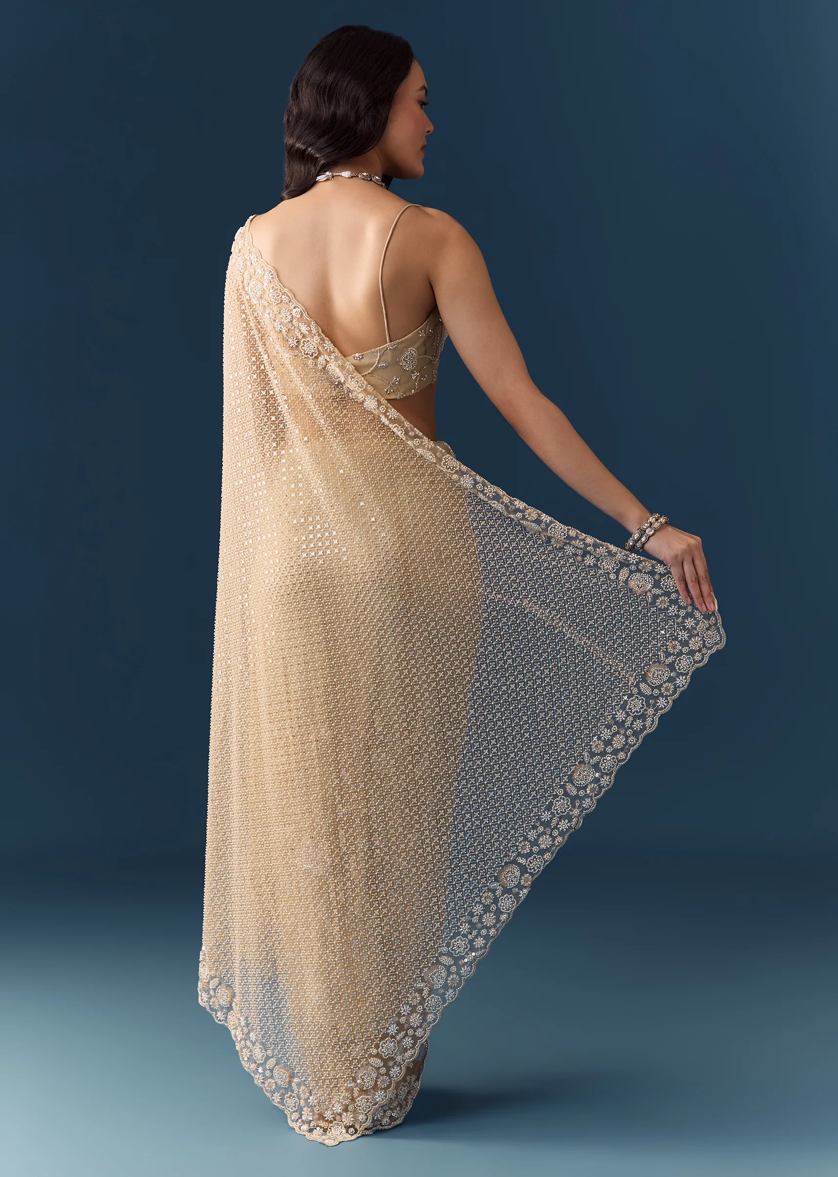 Gold Net Jaal Bead Work Saree with Unstitched Blouse - Image 4