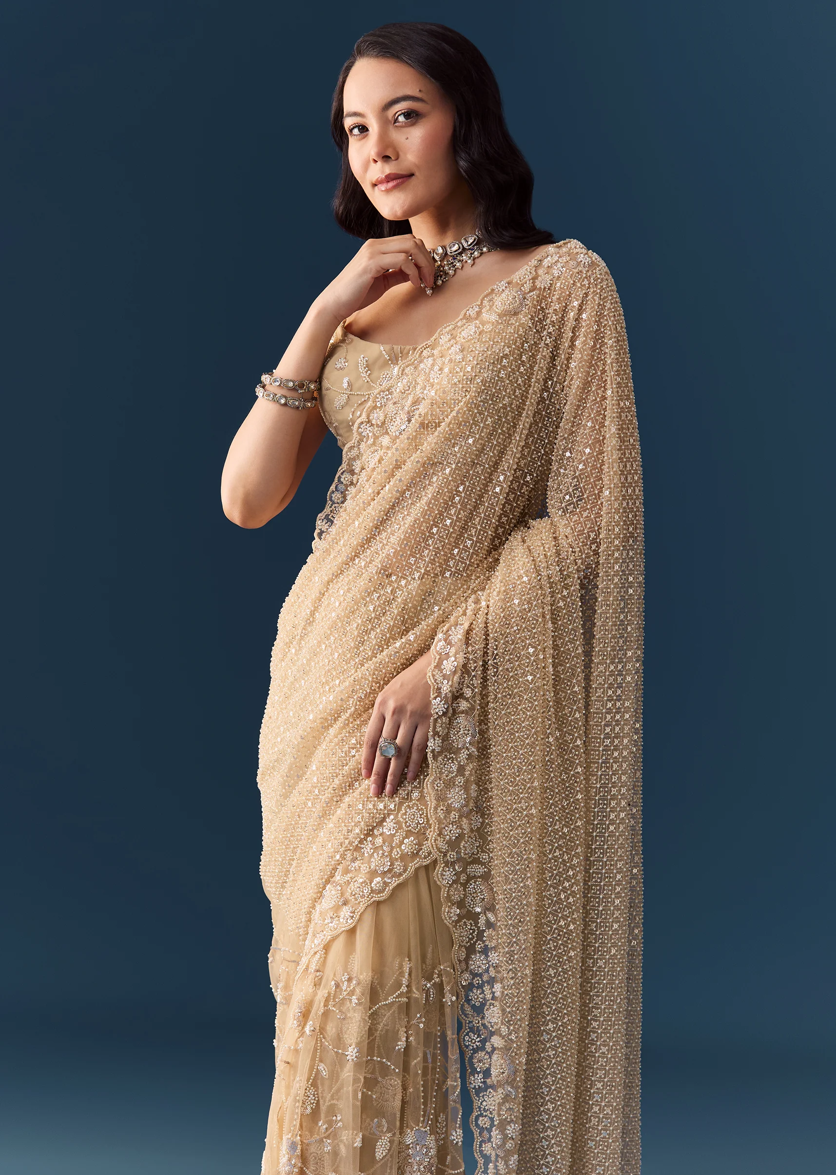 Gold Net Jaal Bead Work Saree with Unstitched Blouse - Image 5