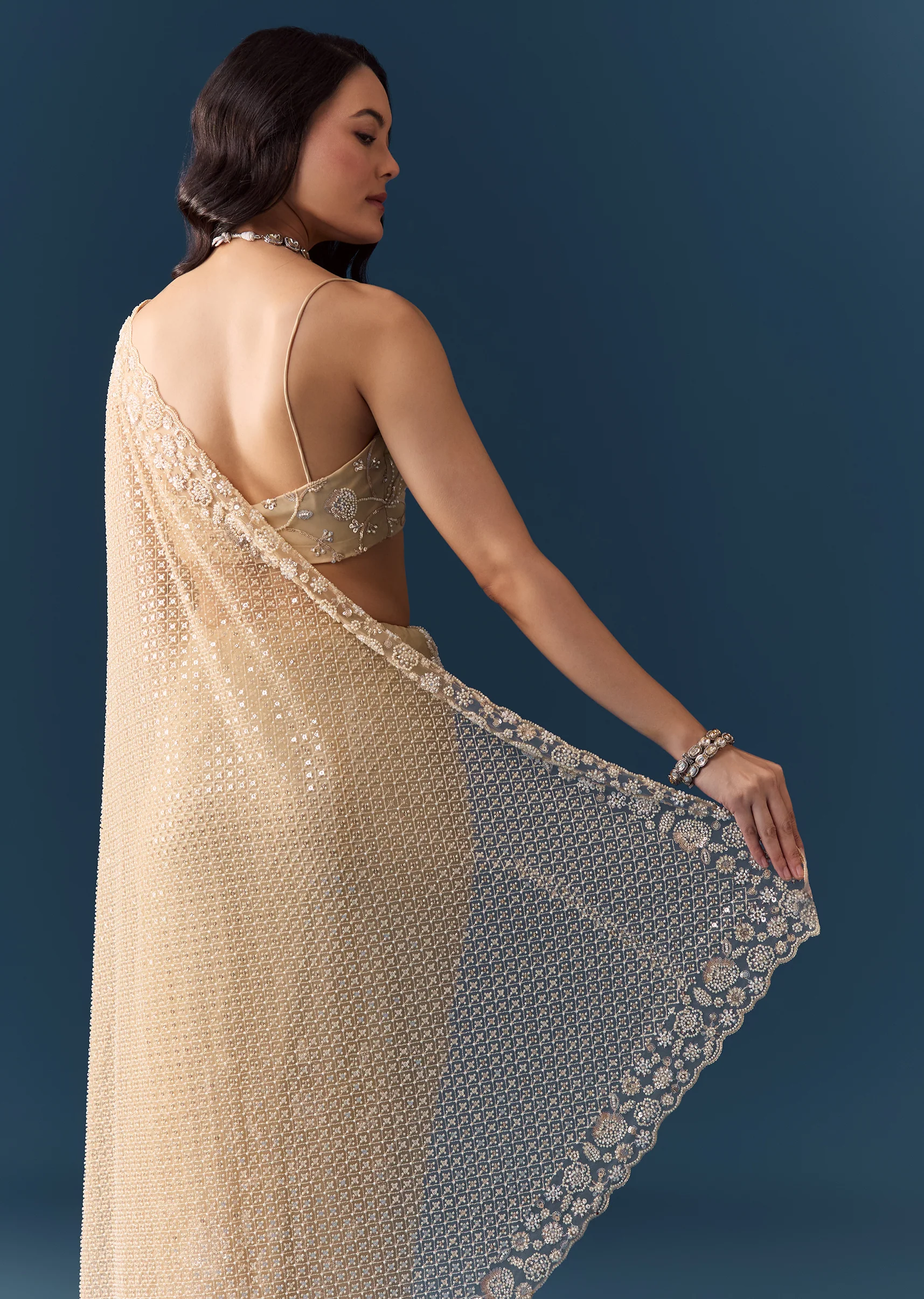 Gold Net Jaal Bead Work Saree with Unstitched Blouse - Image 6