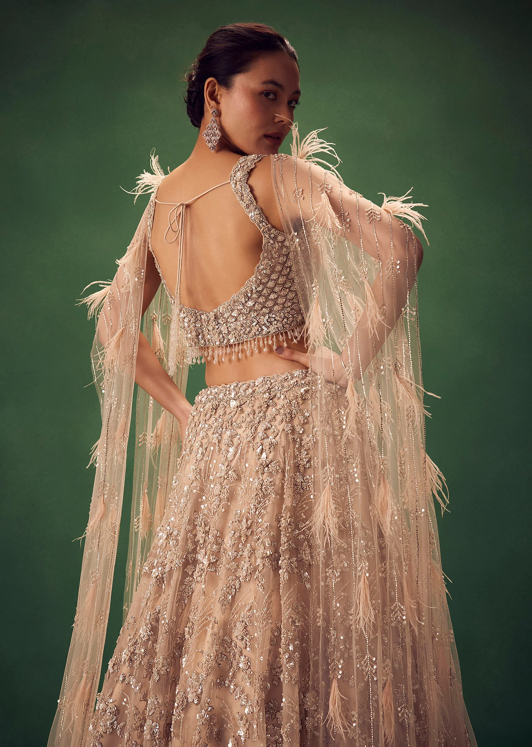 Gold Net Lehenga Set With Choker Dupatta With Feathers - Image 3