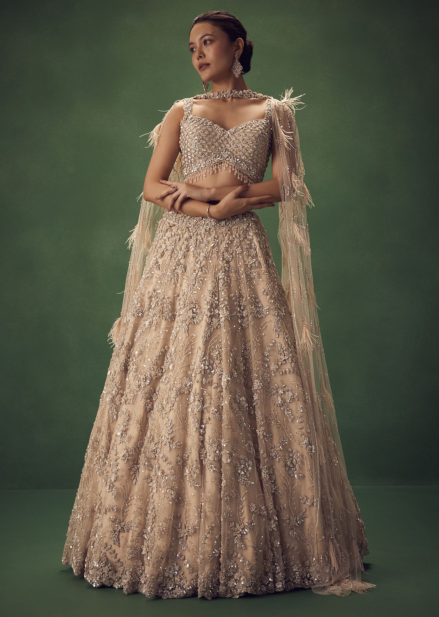 Gold Net Lehenga Set With Choker Dupatta With Feathers - Image 4