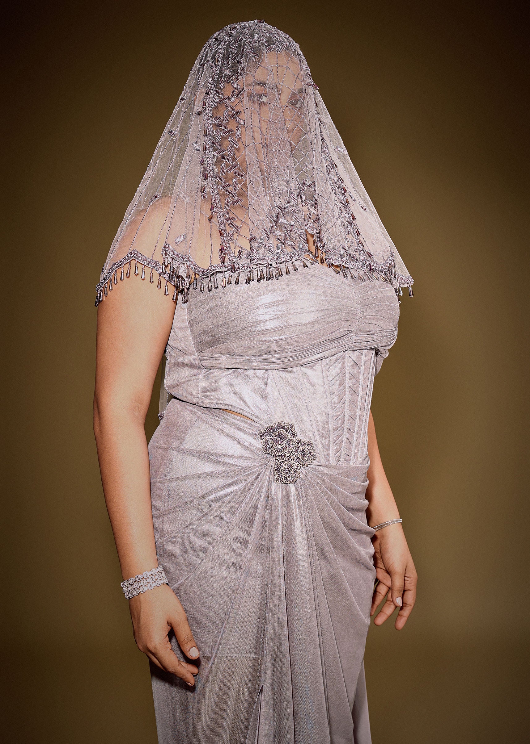 Gold One Shoulder Drape Gown With Embroidered Floral Brooch And Trail - Image 2