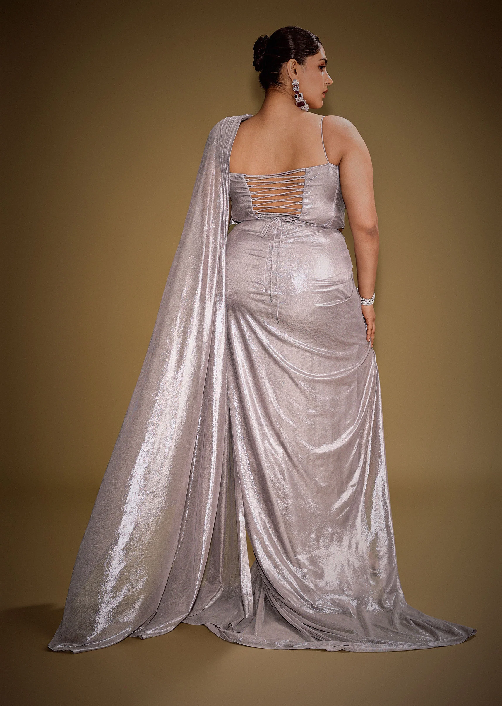 Gold One Shoulder Drape Gown With Embroidered Floral Brooch And Trail - Image 6