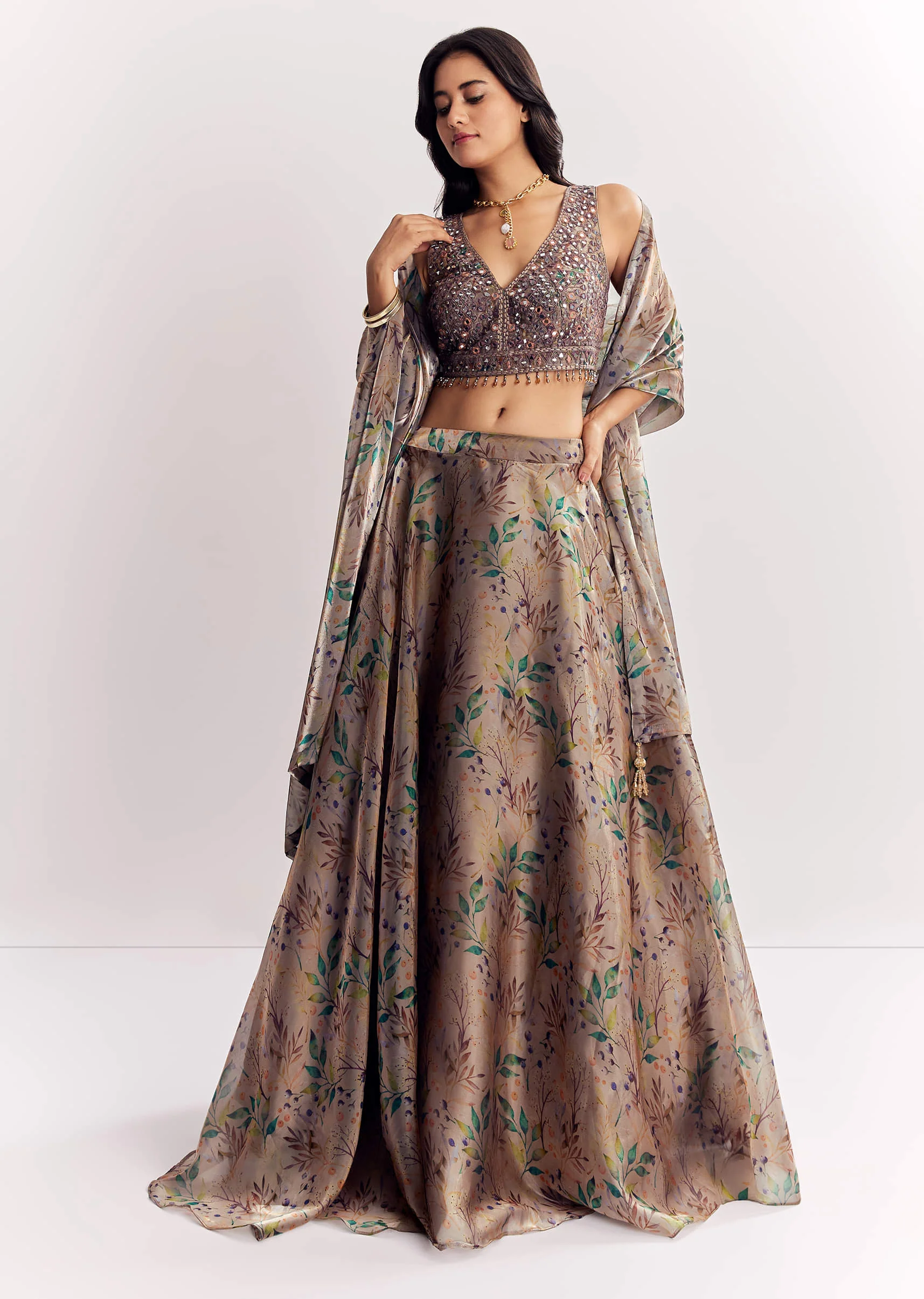 Gold Organza Tissue Lehenga Dupatta With Mirror Work Choli