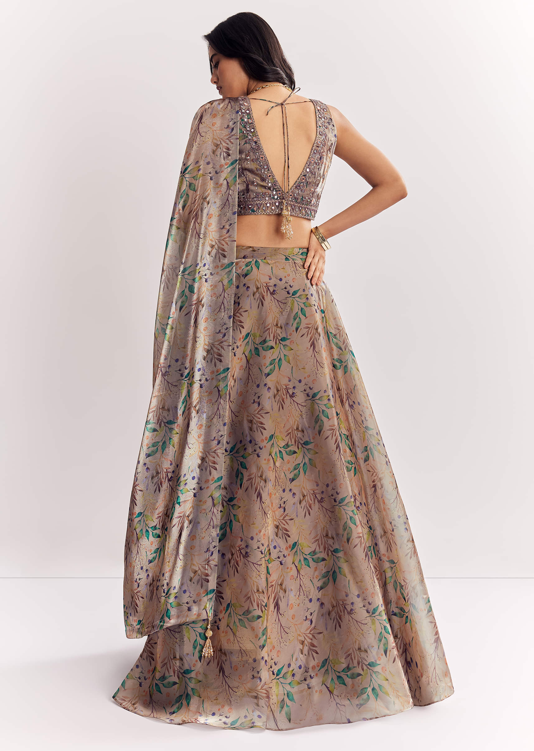 Gold Organza Tissue Lehenga Dupatta With Mirror Work Choli - Image 5