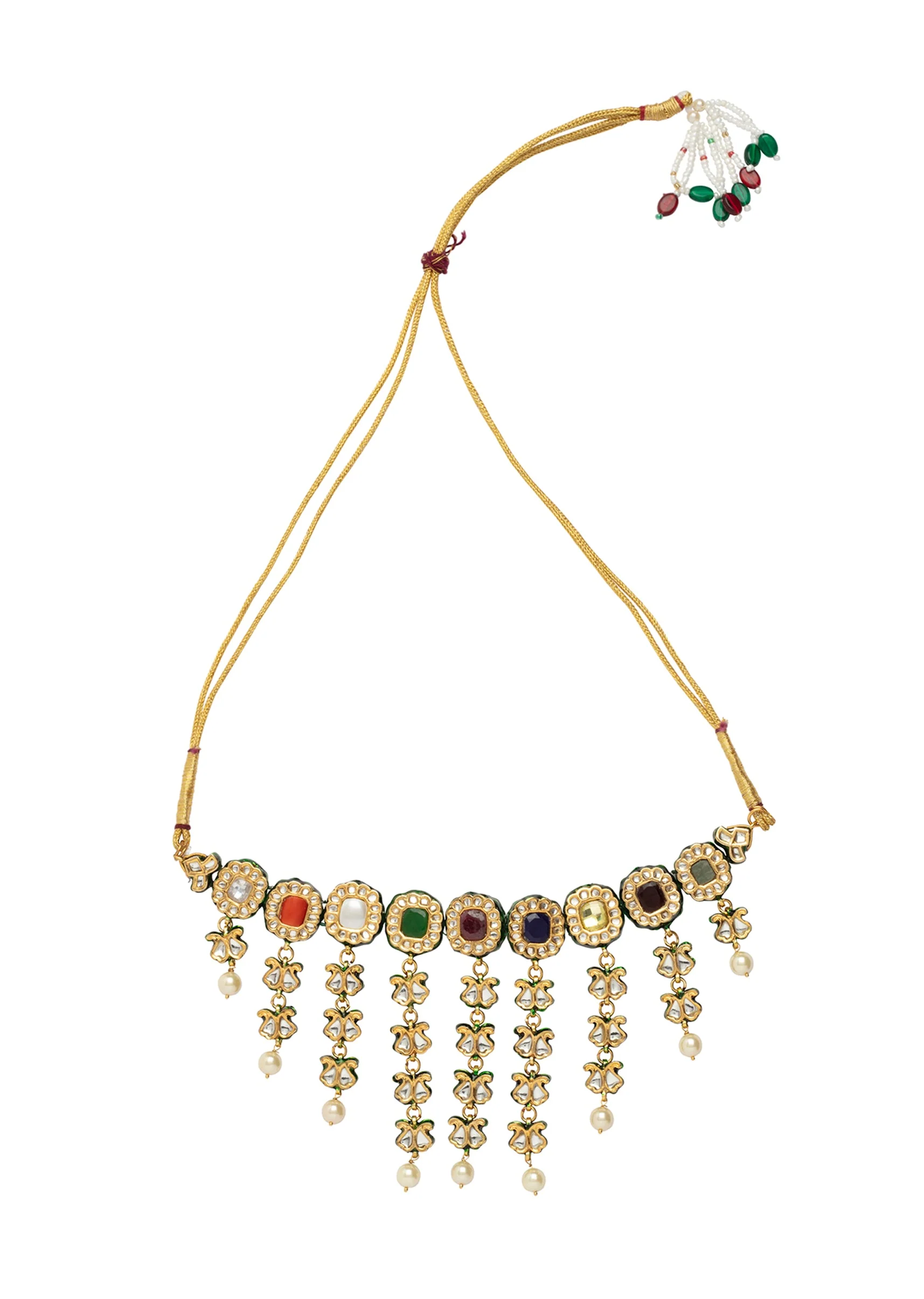 Gold Plated Multicolored Kundan Polki Necklace Set With Earrings - Image 3