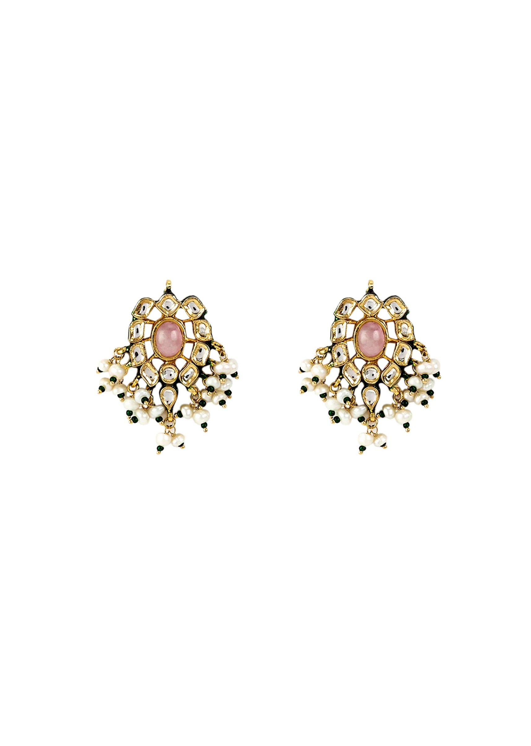 Gold Plated Pink Beaded Long Necklace Set With Earrings - Image 3