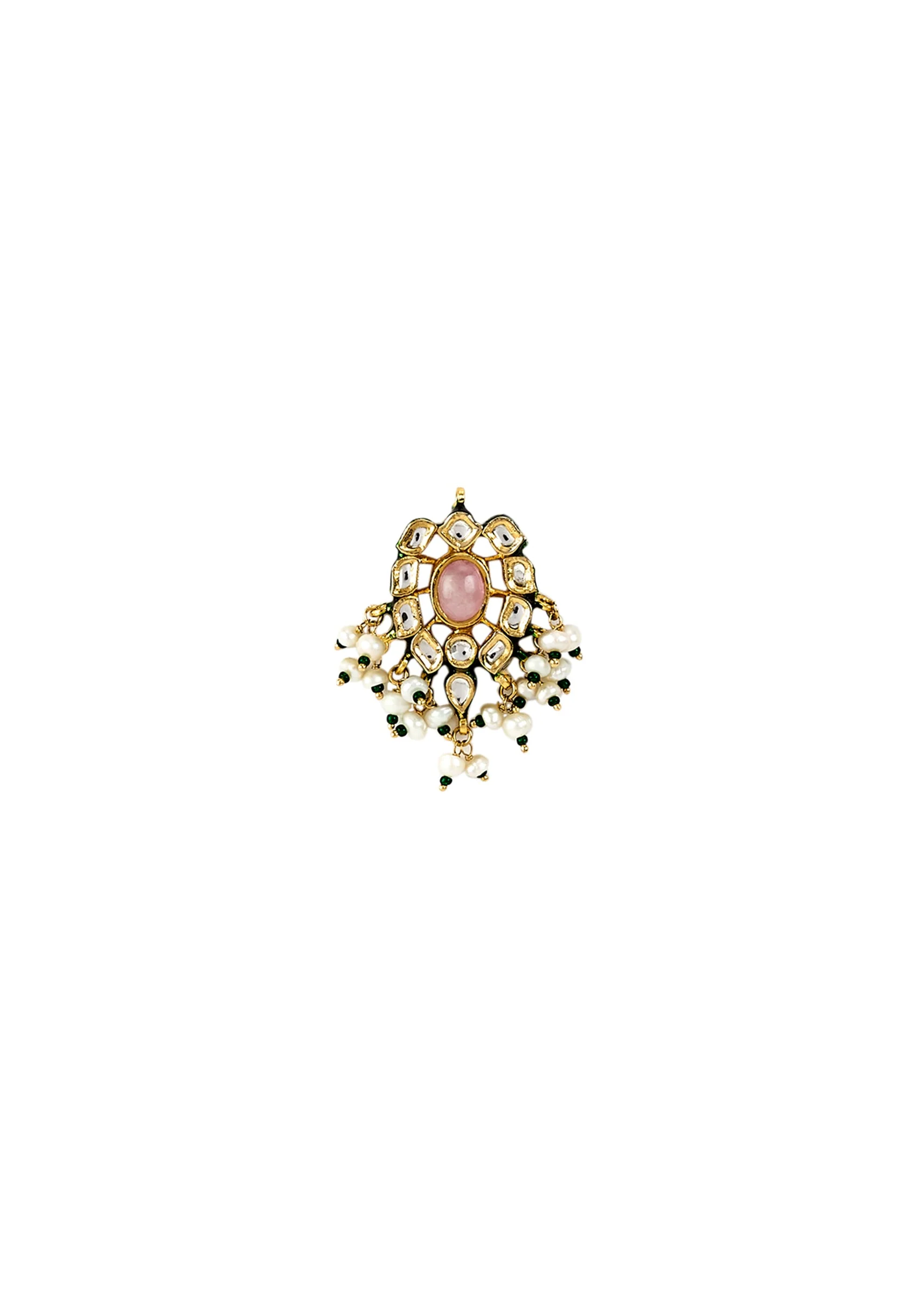 Gold Plated Pink Beaded Long Necklace Set With Earrings - Image 4