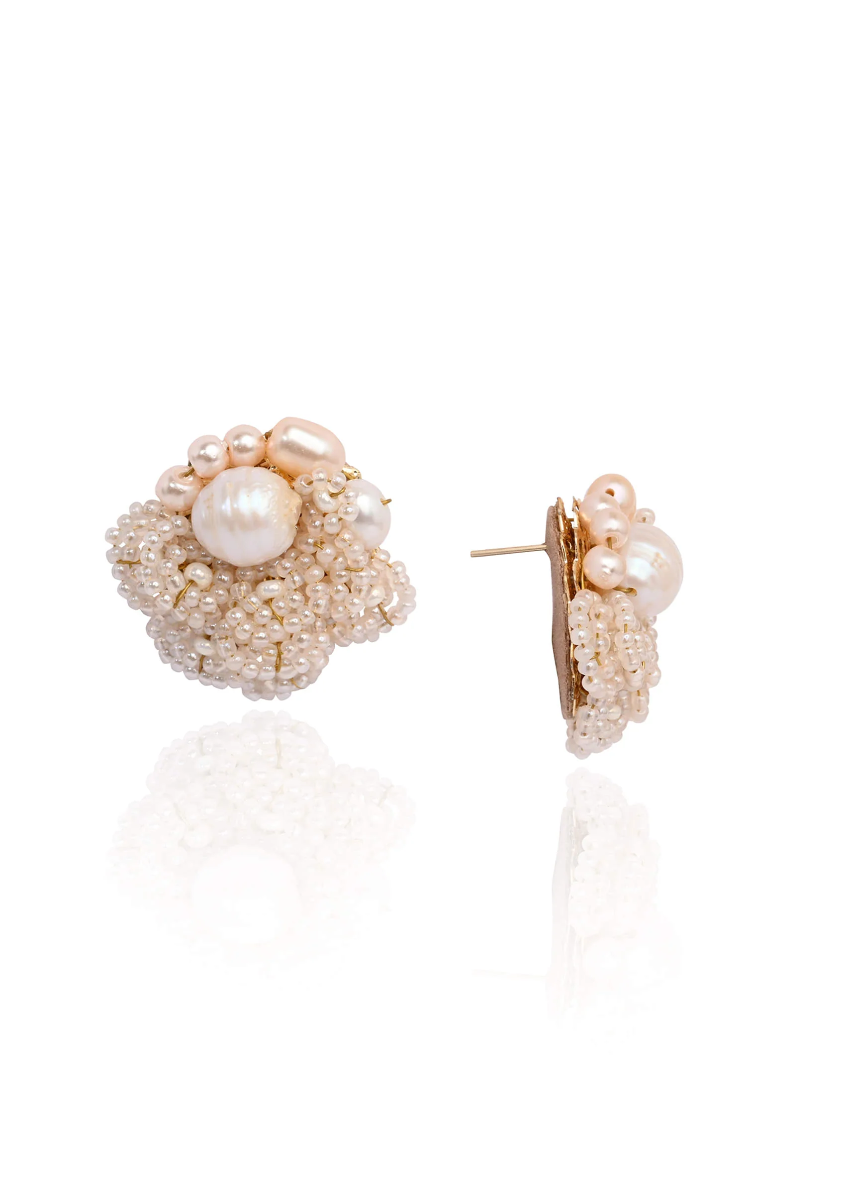 Gold Plated Round Flower Pearl Earrings Peach Crystal - Image 3