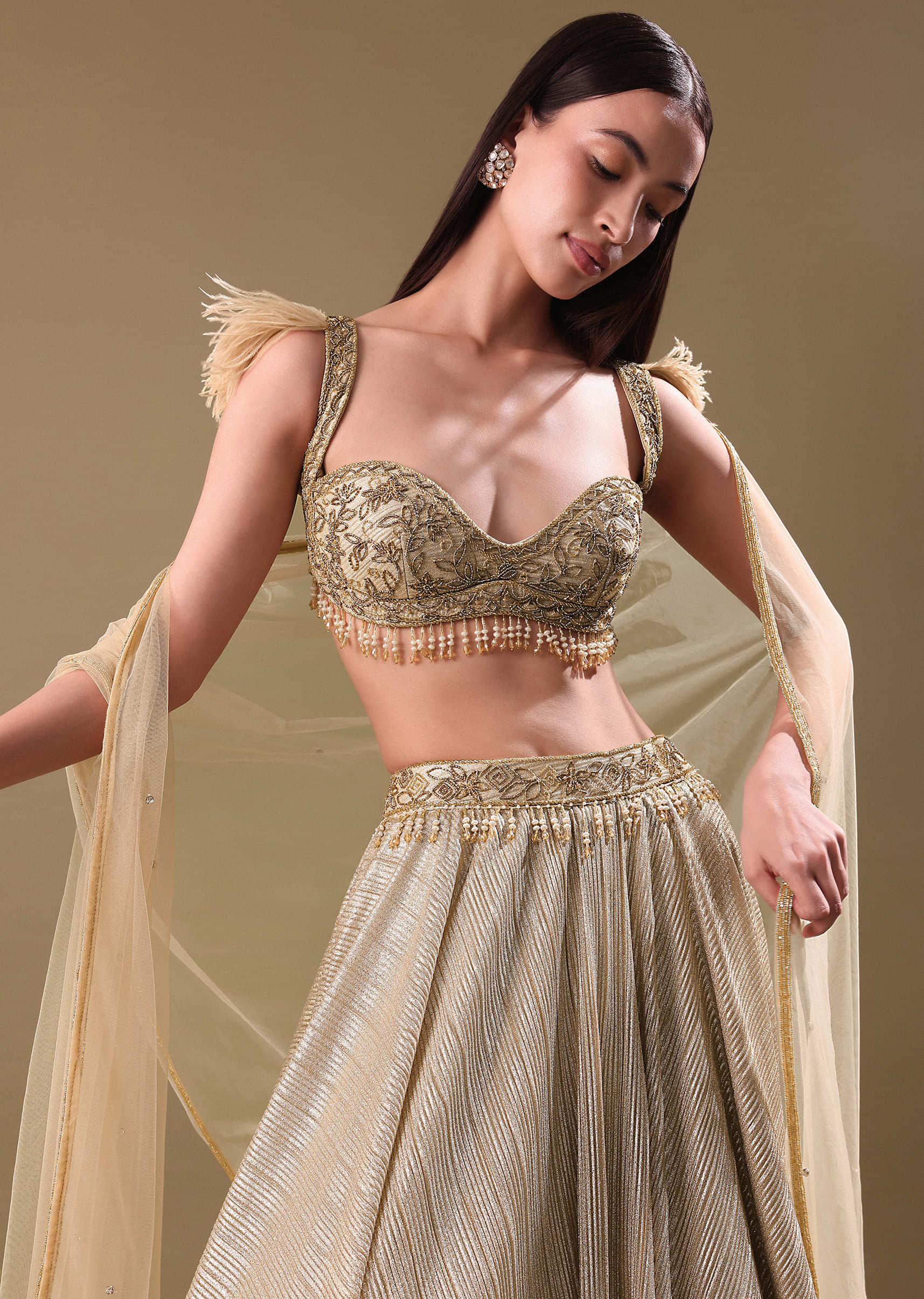 Gold Pre Pleated Lehenga With Embellished Blouse And Net Dupatta - Image 4