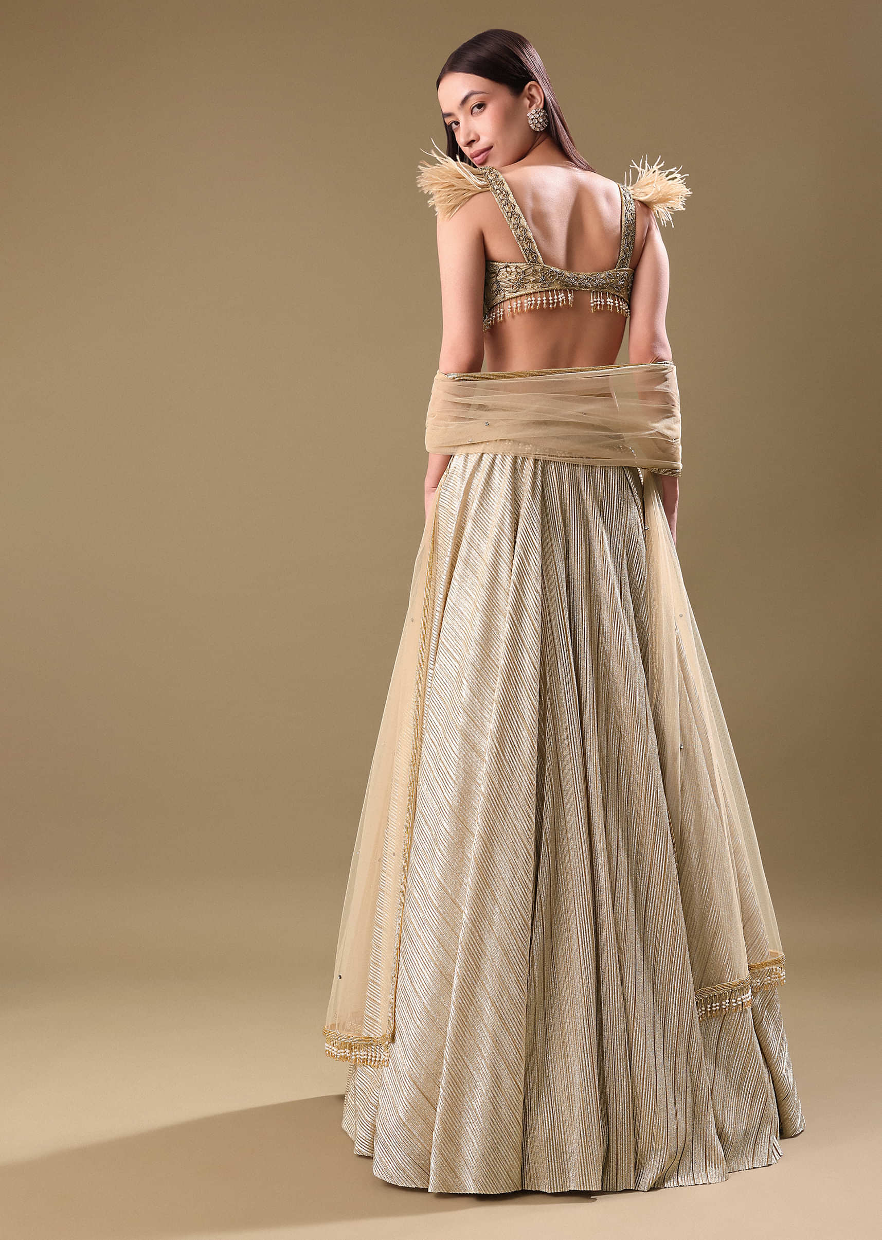 Gold Pre Pleated Lehenga With Embellished Blouse And Net Dupatta - Image 5
