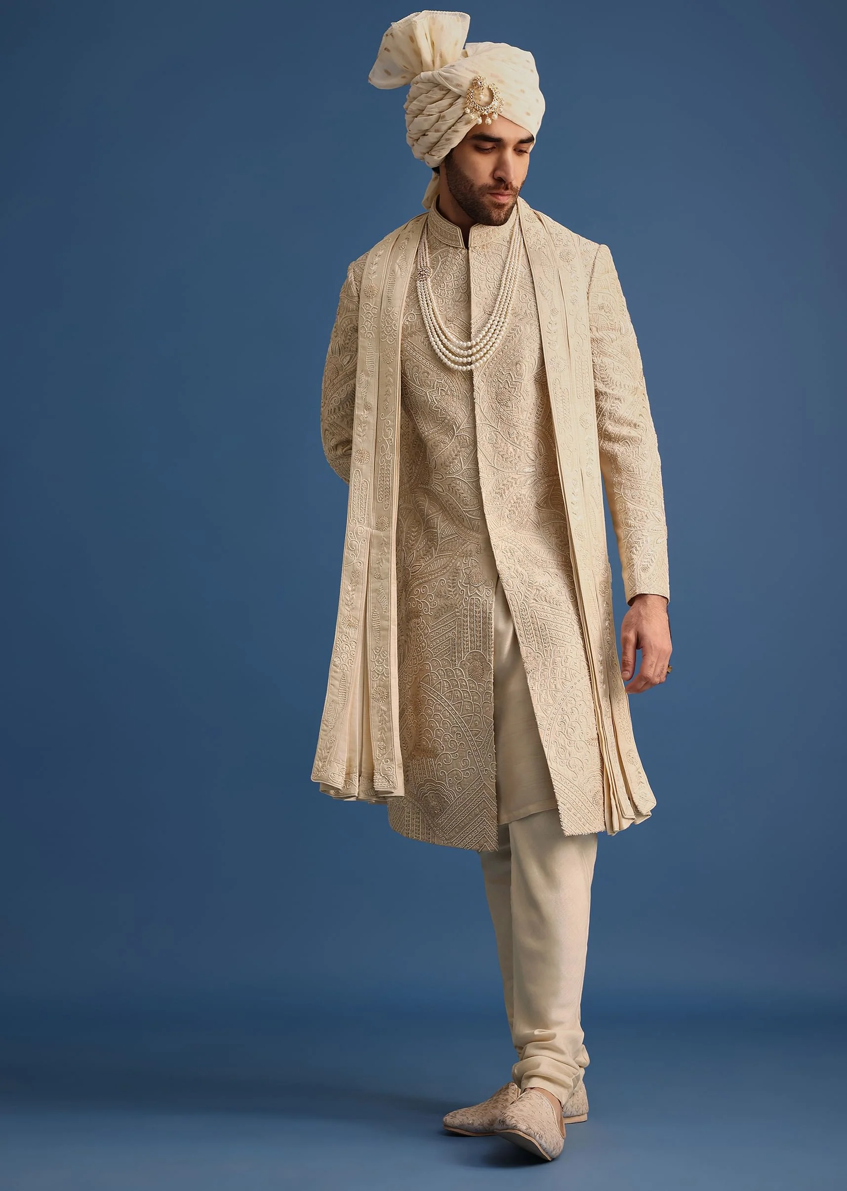 Gold Raw Silk Sherwani Suit With Hand Work - Image 3