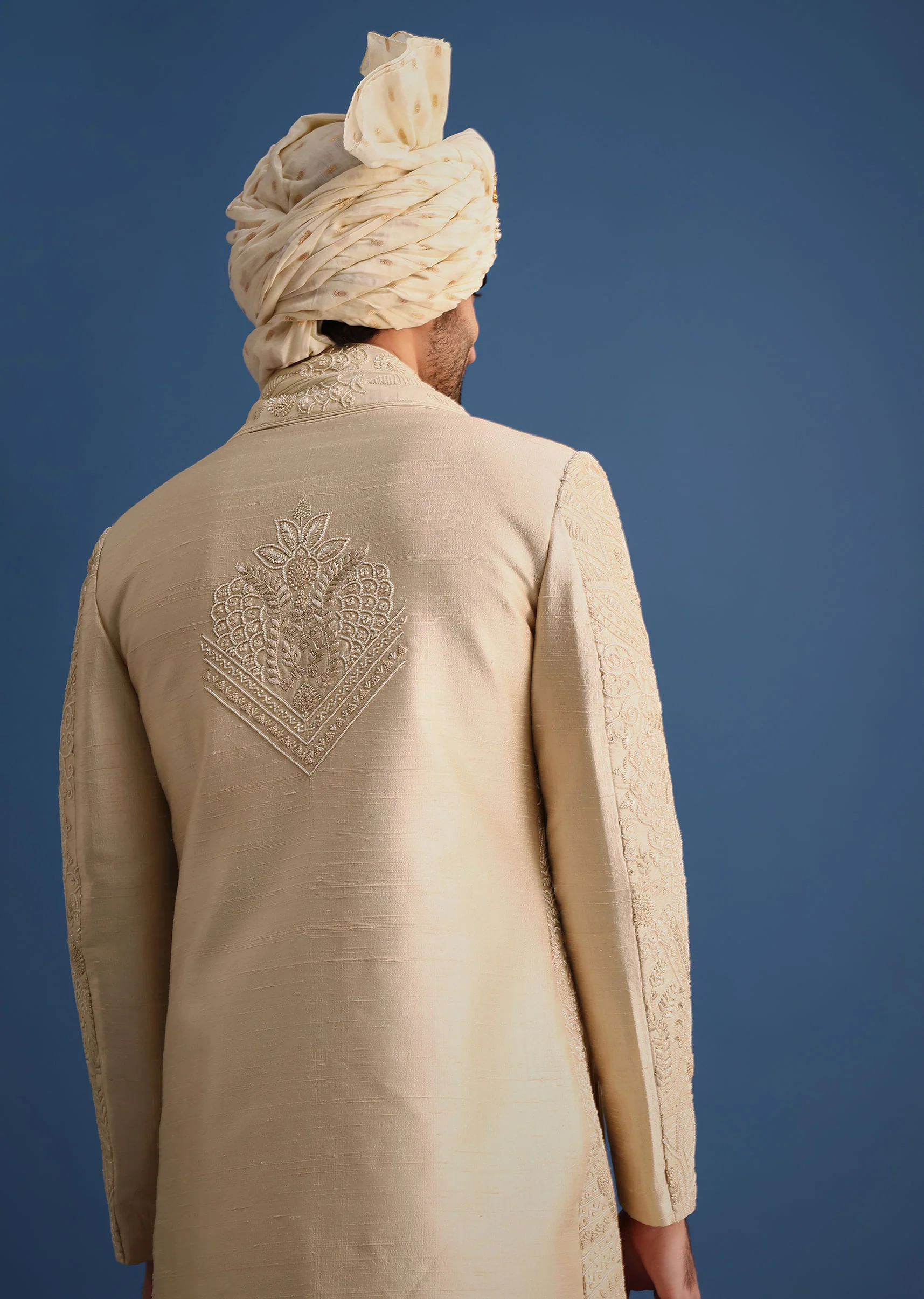 Gold Raw Silk Sherwani Suit With Hand Work - Image 4