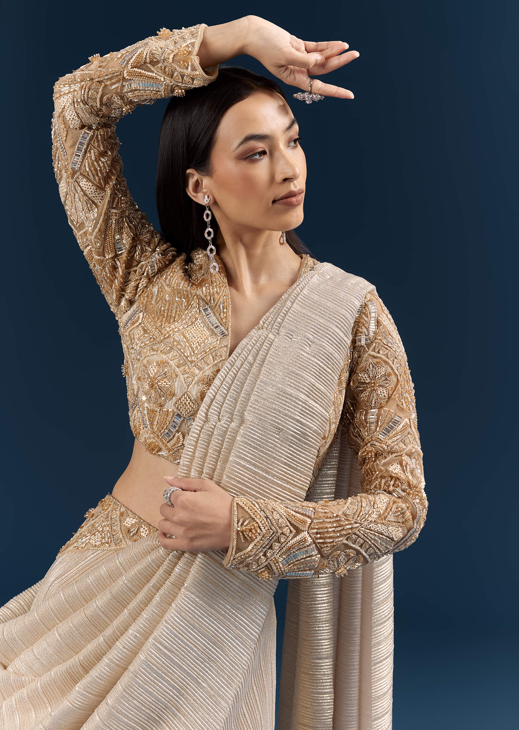 Gold Ready Pleated Saree With Aari Work - Image 2