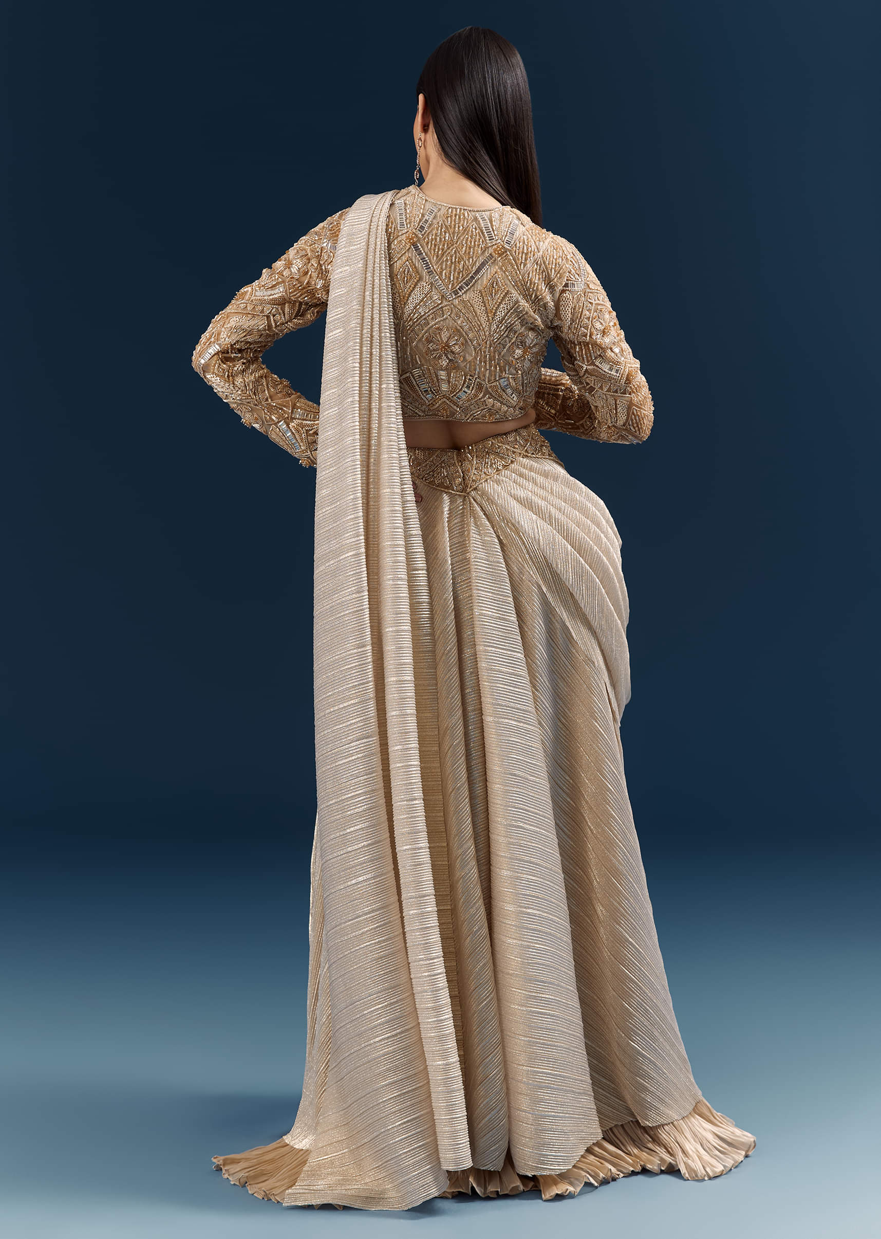 Gold Ready Pleated Saree With Aari Work - Image 6