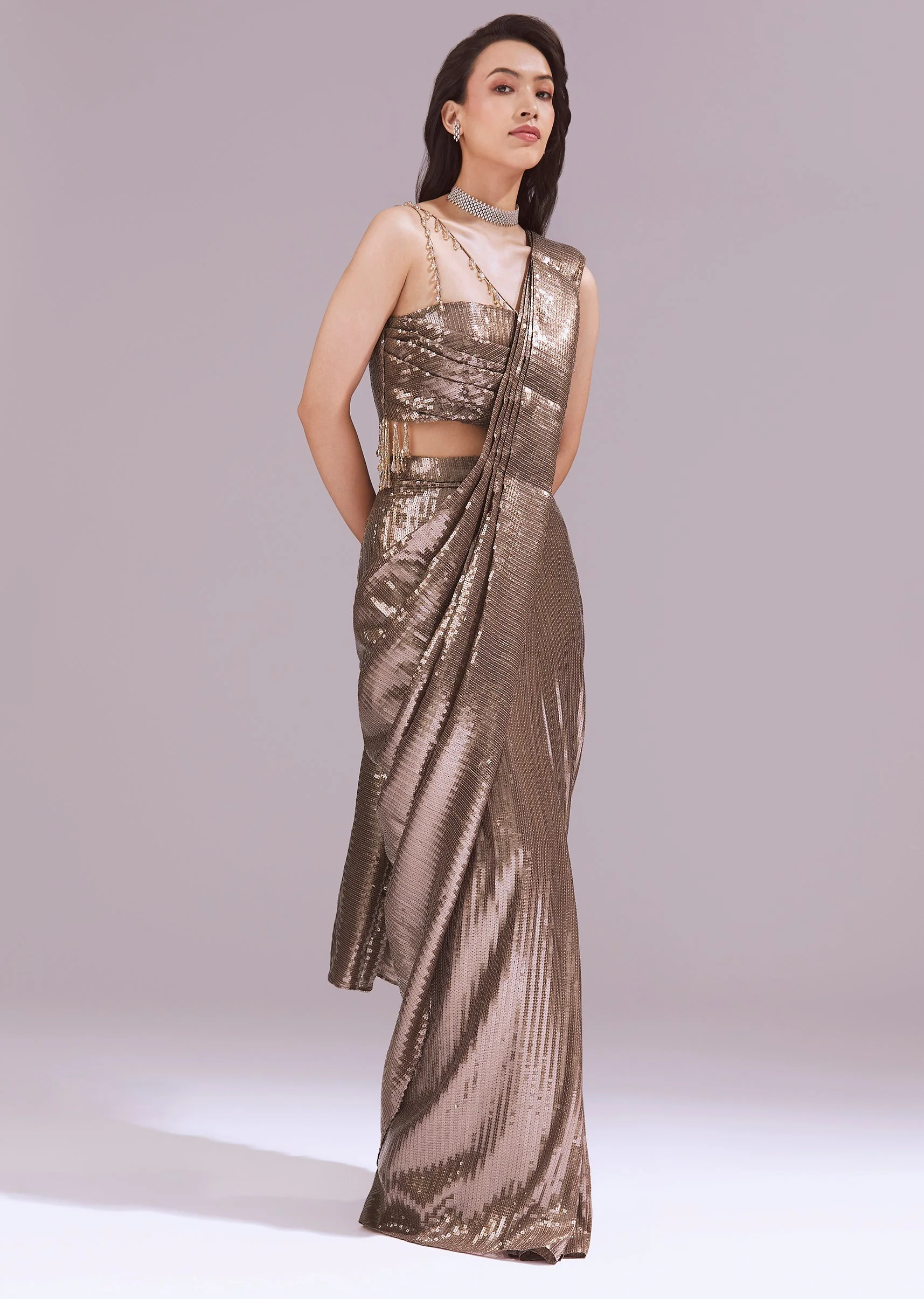 Gold Ready Pleated Saree With Sequins Dory Work And Cowl Neck
