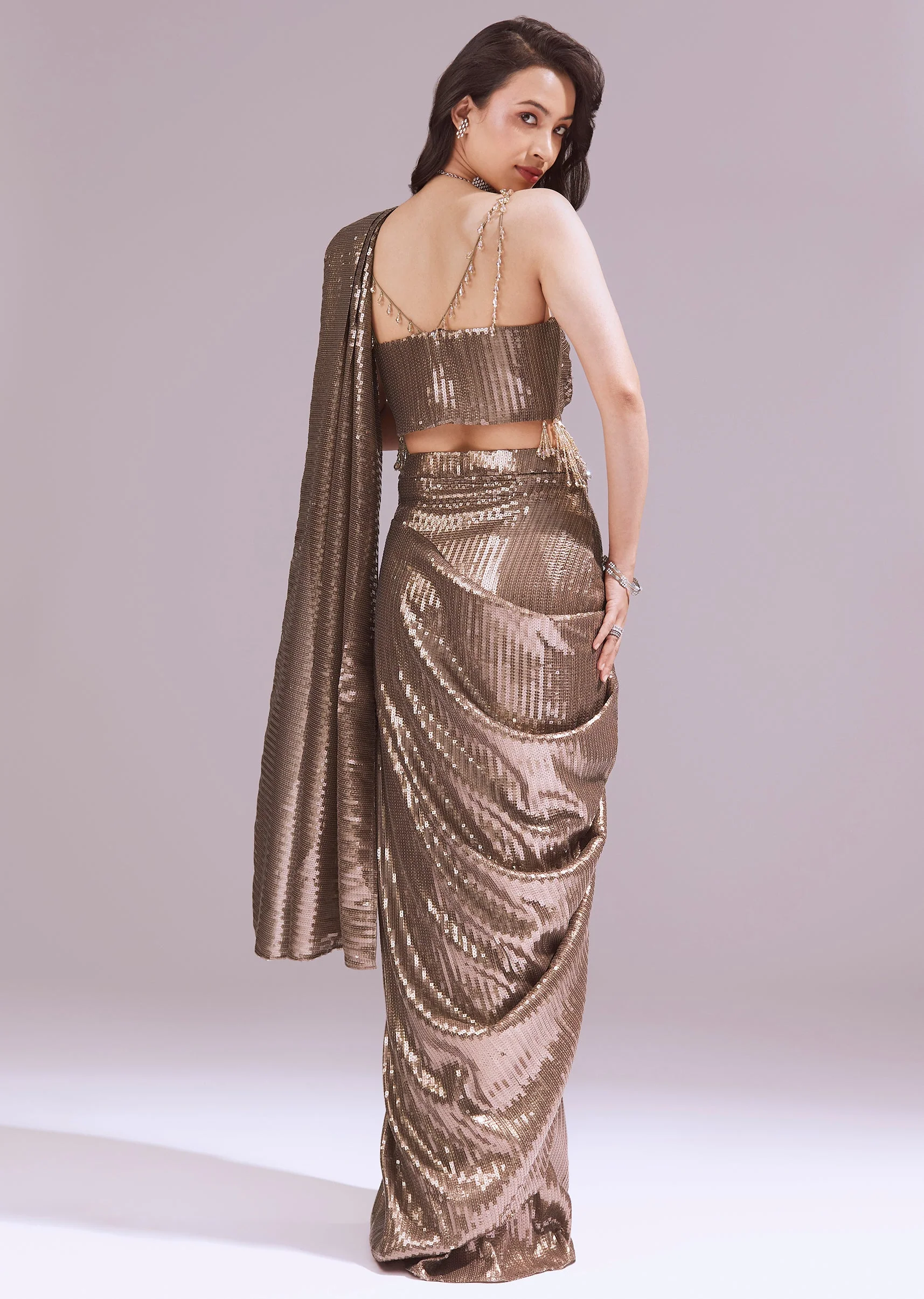 Gold Ready Pleated Saree With Sequins Dory Work And Cowl Neck - Image 2