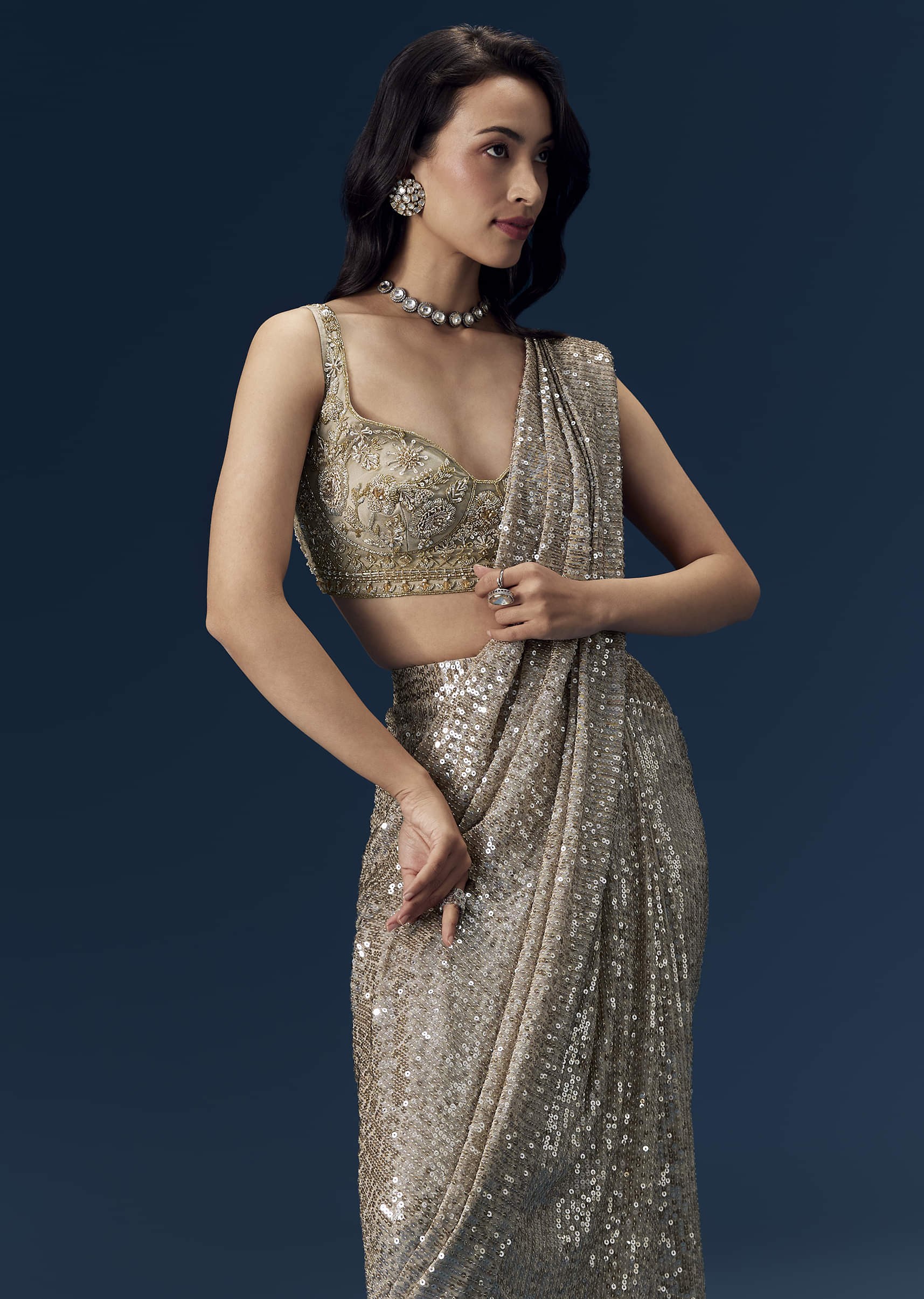 Gold Ready Pleated Sequin Net Saree with Blouse - Image 5