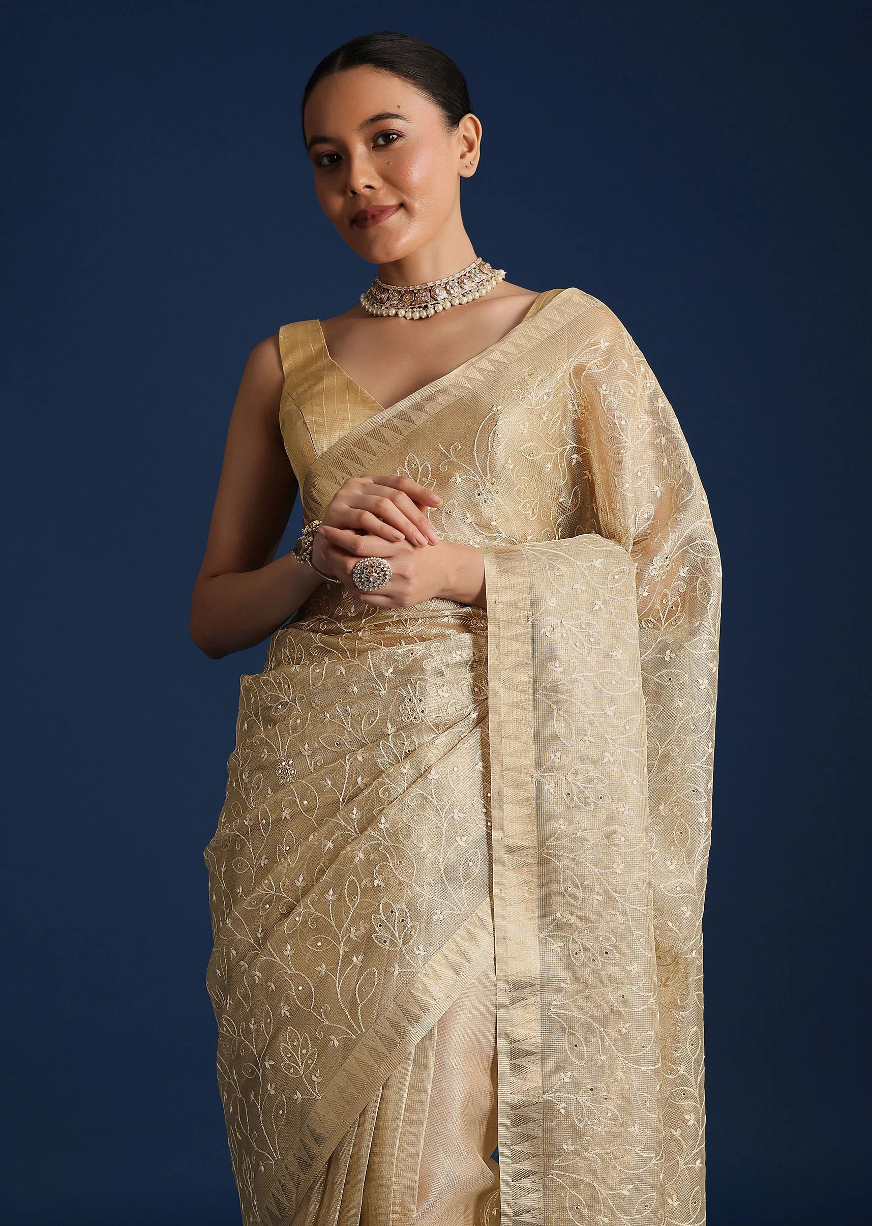 Gold Saree In Tissue Silk with Floral Resham Work - Image 5