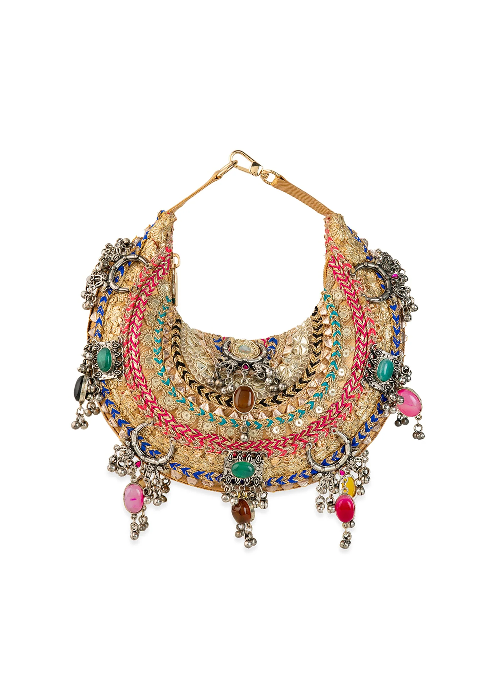 Gold Silk Embroidered Bag with Bead Tassels - Image 3