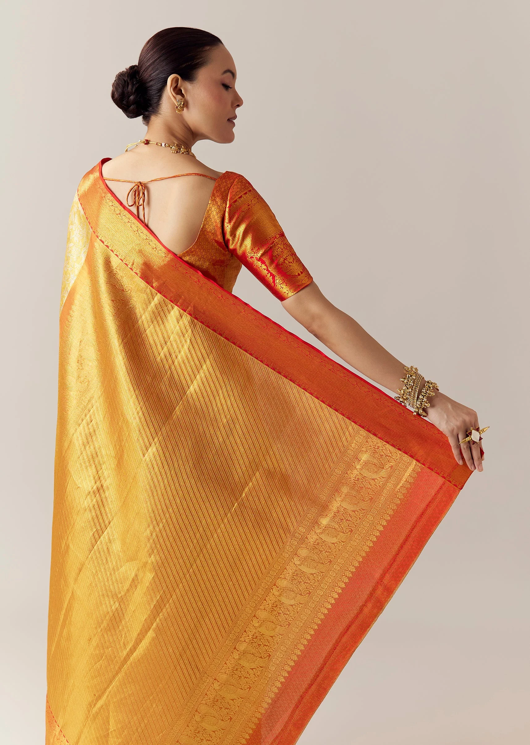 Gold Silk Kanjivaram Saree with Unstitched Blouse - Image 6