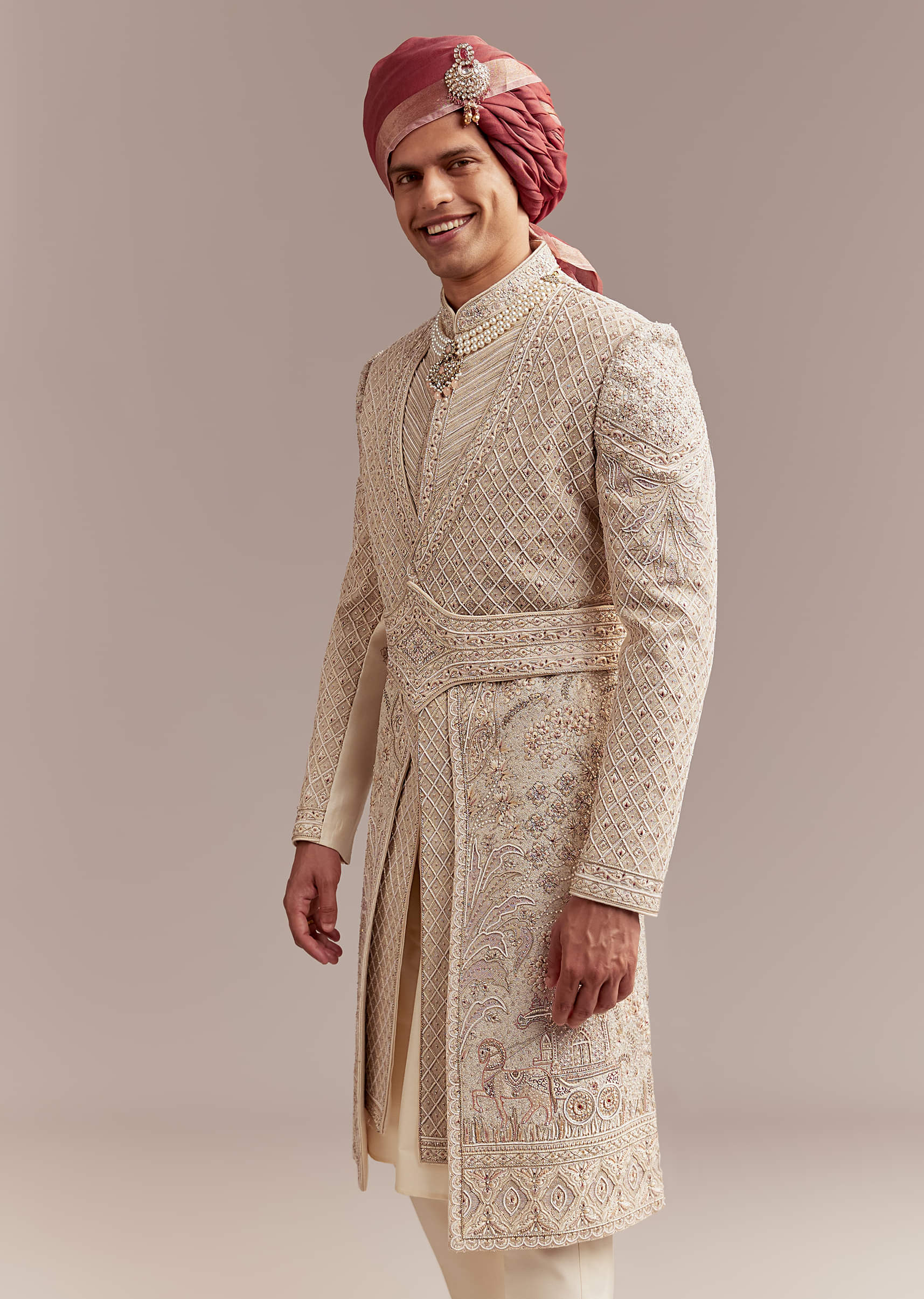 Gold Silk Sherwani For Groom With Intricate Hand Work - Image 4
