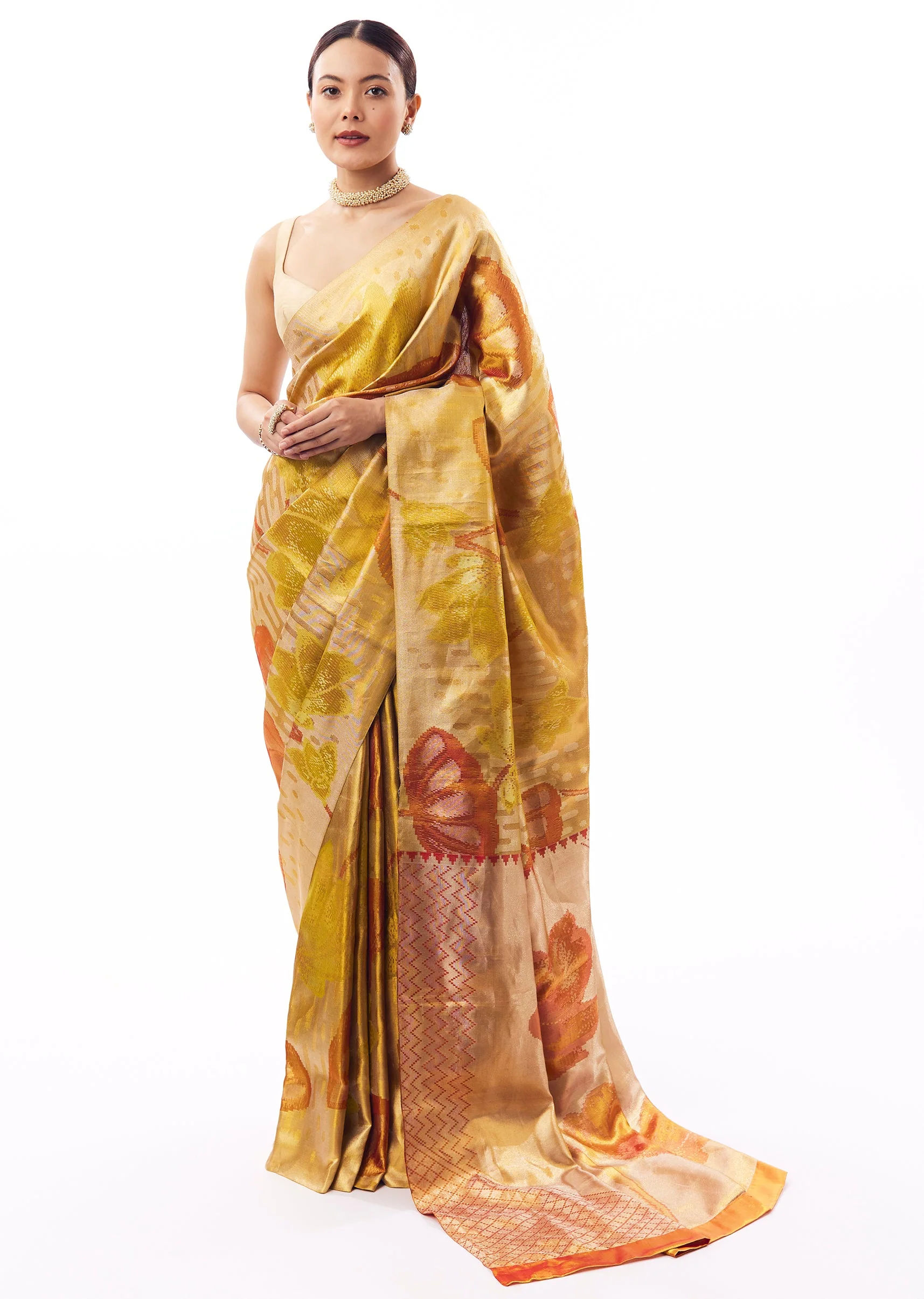 Gold South Silk Floral Woven Saree With Coral Floral Weave - Image 3