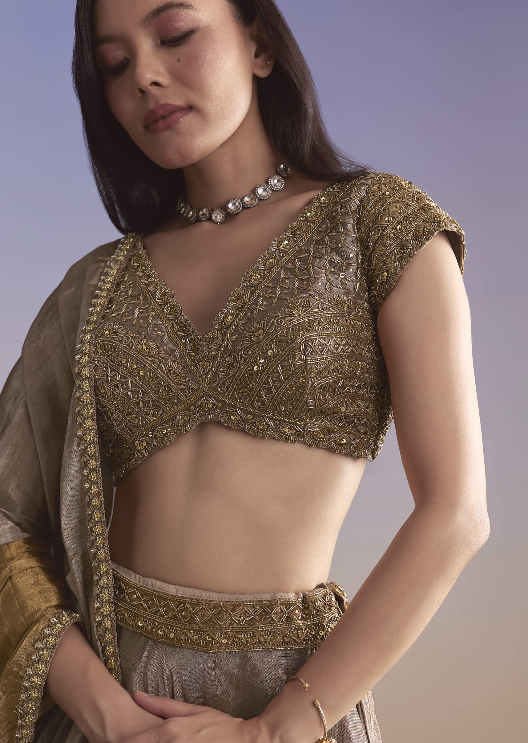 Gold Tissue Bridesmaid Lehenga With Zardosi Embroidery - Image 3