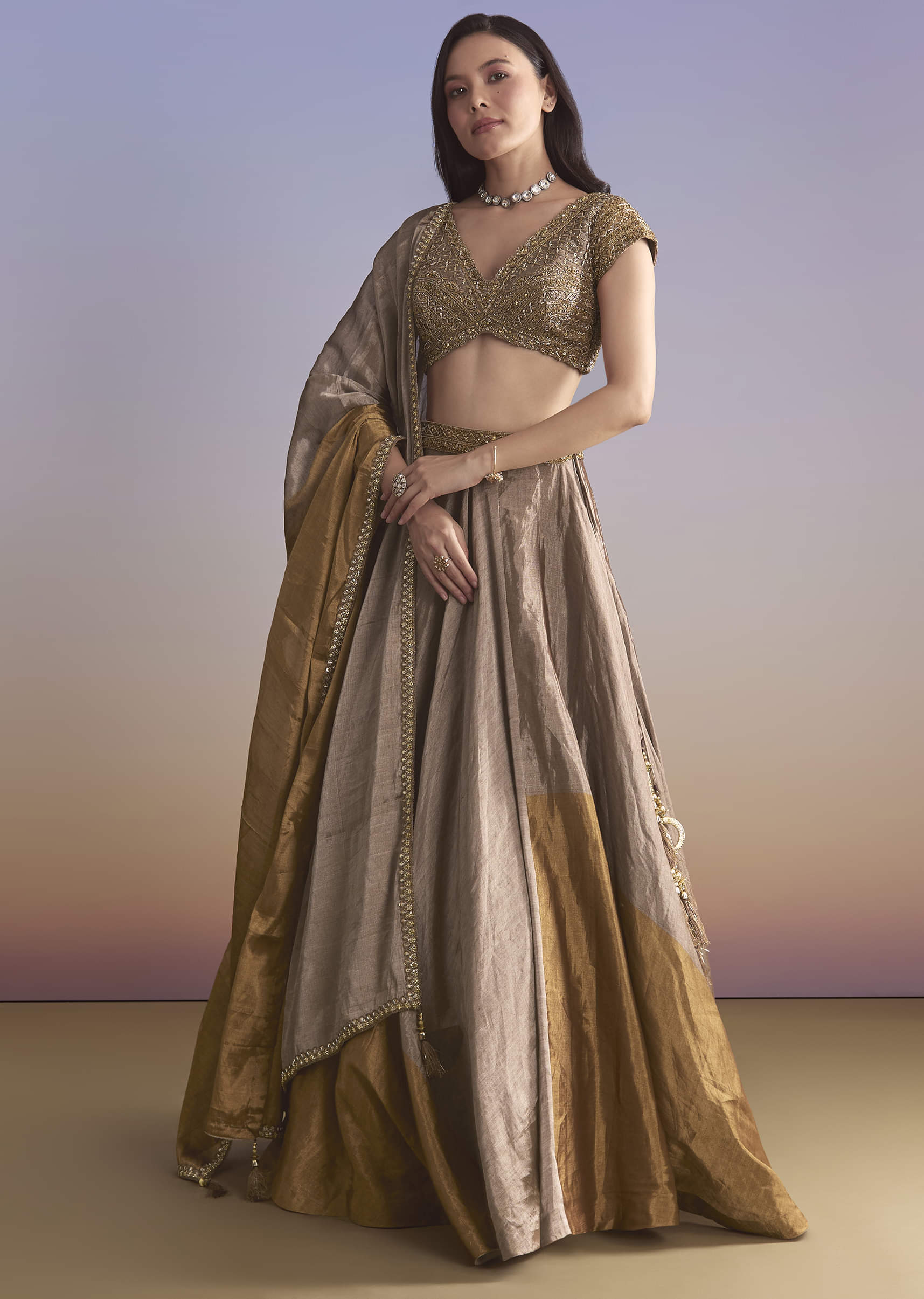 Gold Tissue Bridesmaid Lehenga With Zardosi Embroidery - Image 4