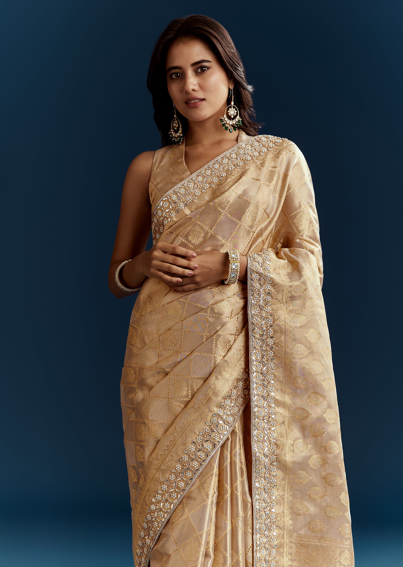 Gold Tissue Brocade Saree With Tassels And Gota Patti Moti Embroidery - Image 4