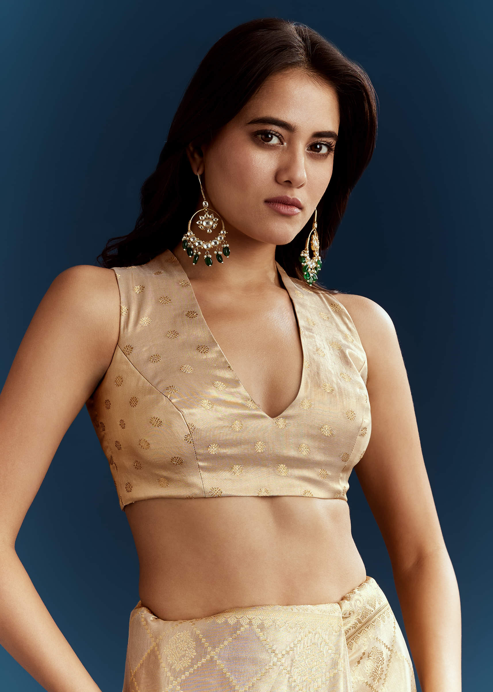 Gold Tissue Brocade Saree With Tassels And Gota Patti Moti Embroidery - Image 7
