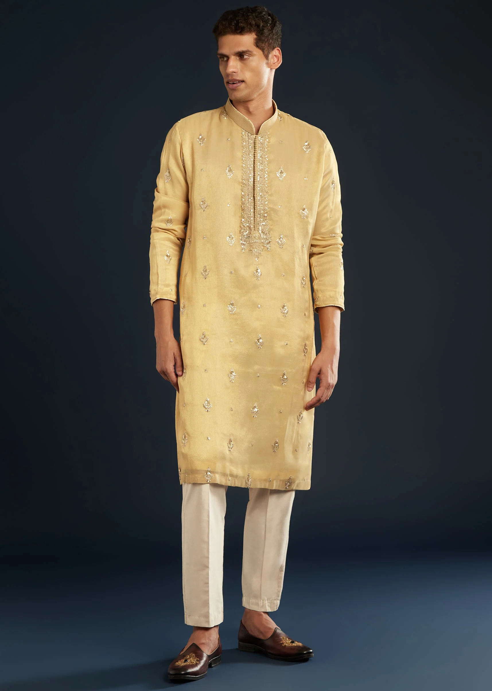 Gold Tissue Kurta Set With Sequin Embroidery - Image 2