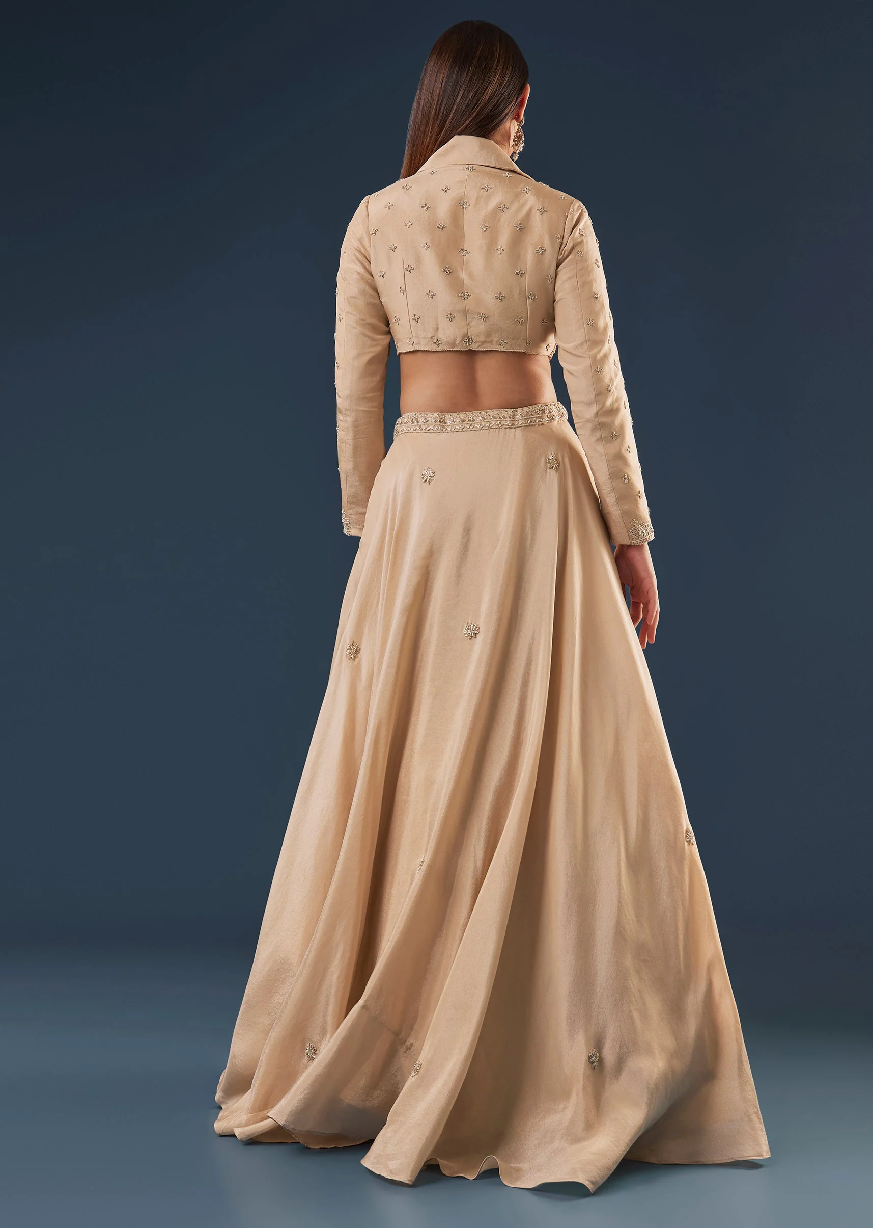 Gold Tissue Lehenga Set With Full Sleeve Embellished Blouse Jacket - Image 2